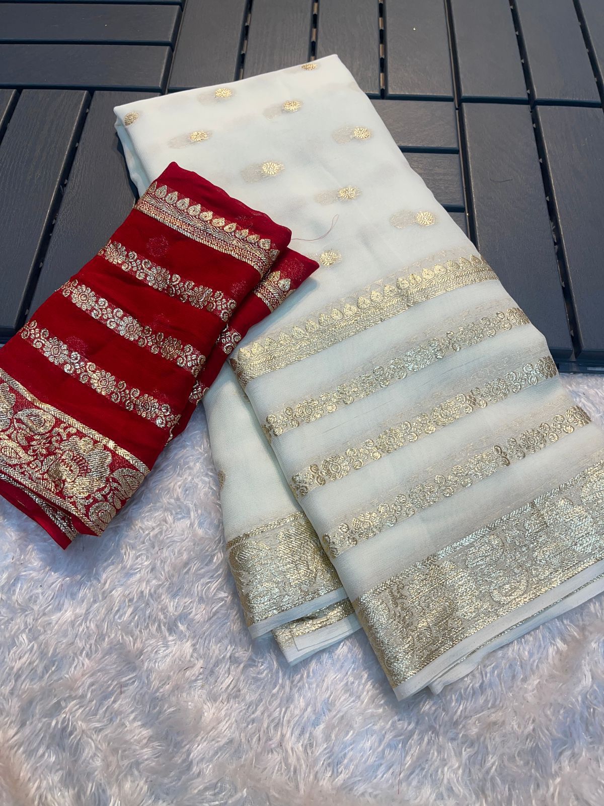 Latest Function wear Viscose Georgette Jacquard Weaving Work Fancy Designer Saree