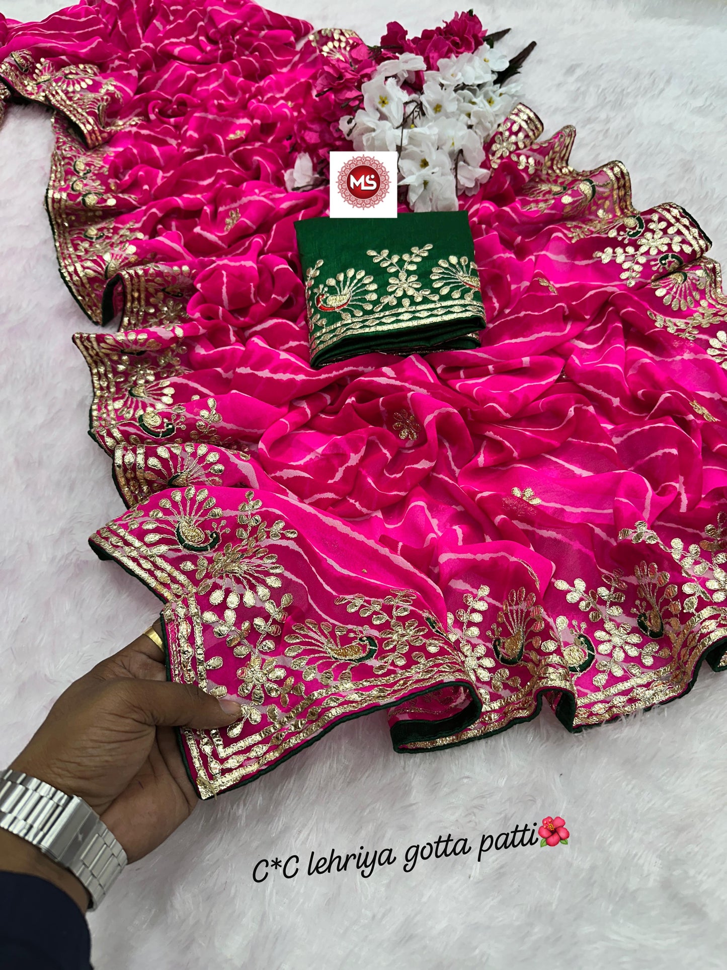 Heavy Georgatte C By Lehriya Saree With Beautiful C-P[allu With Gotta Patti Work