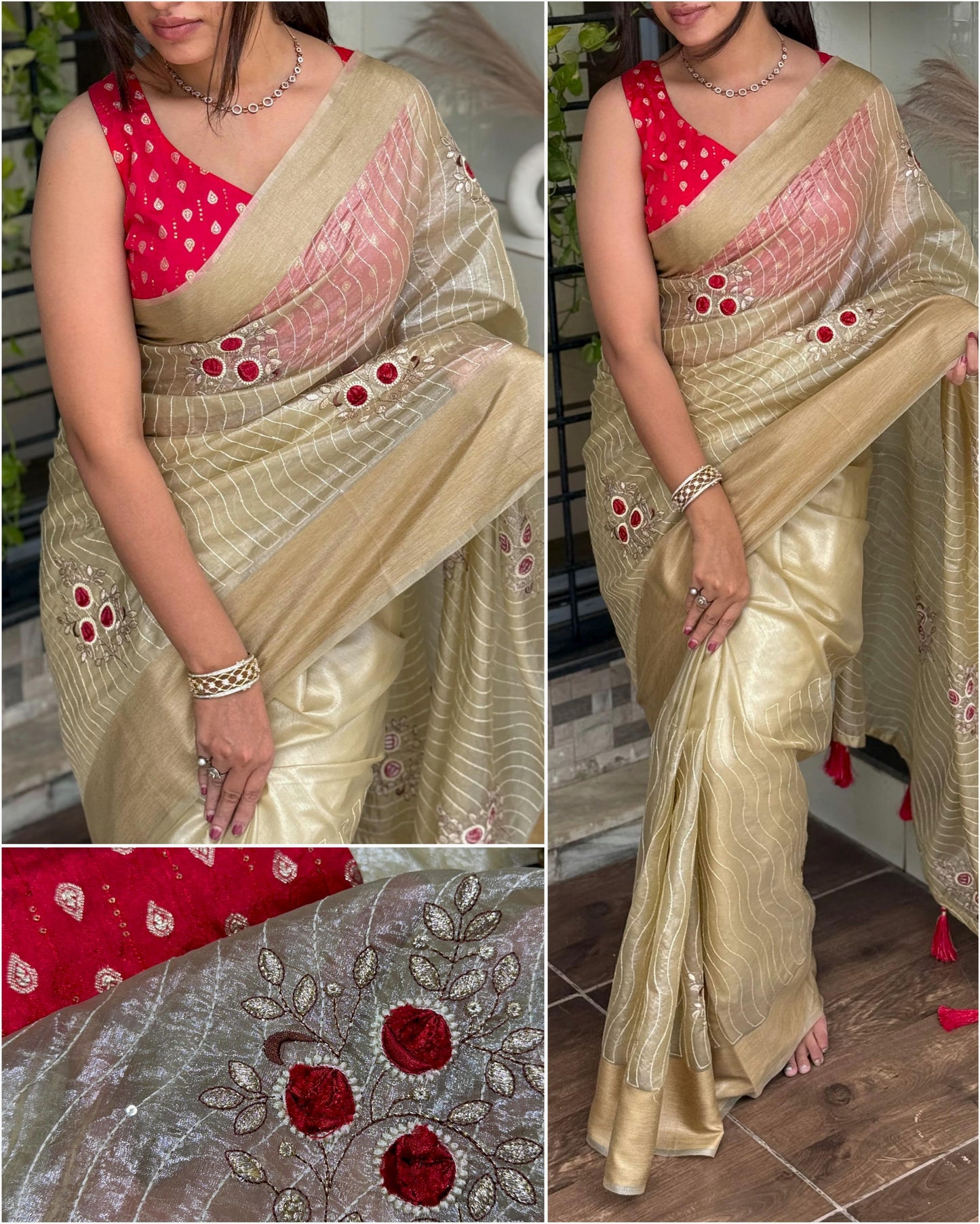 A Tissue Silk Beauty For Upcoming Festival Seasons With Unique Blade Cut Work And Contrast jacquard blouse