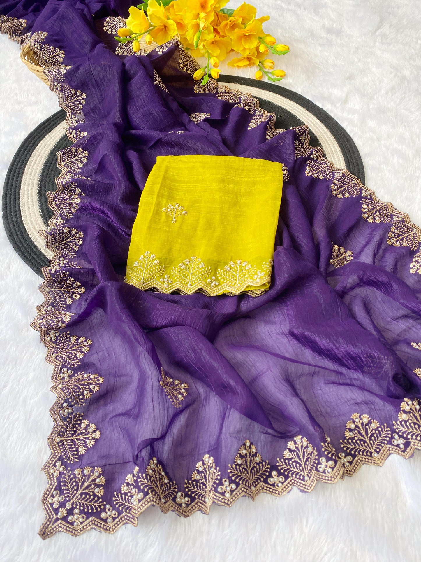 Crunchi Soft Silk With Beautiful Embroidery & Moti Work A Scalloped