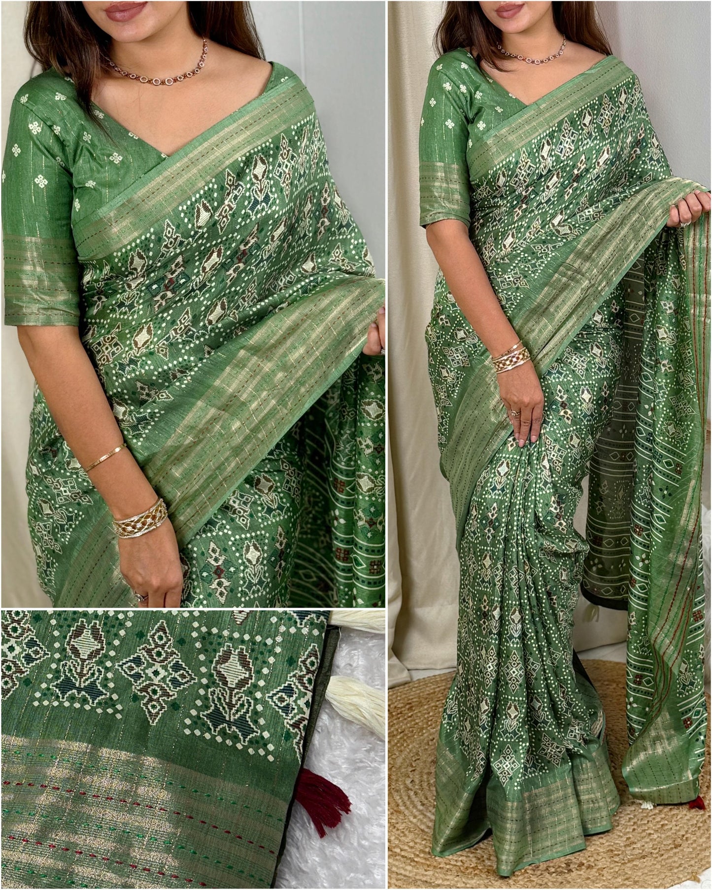 Ajrakh Printed Saree With Katha Work In Saree Border