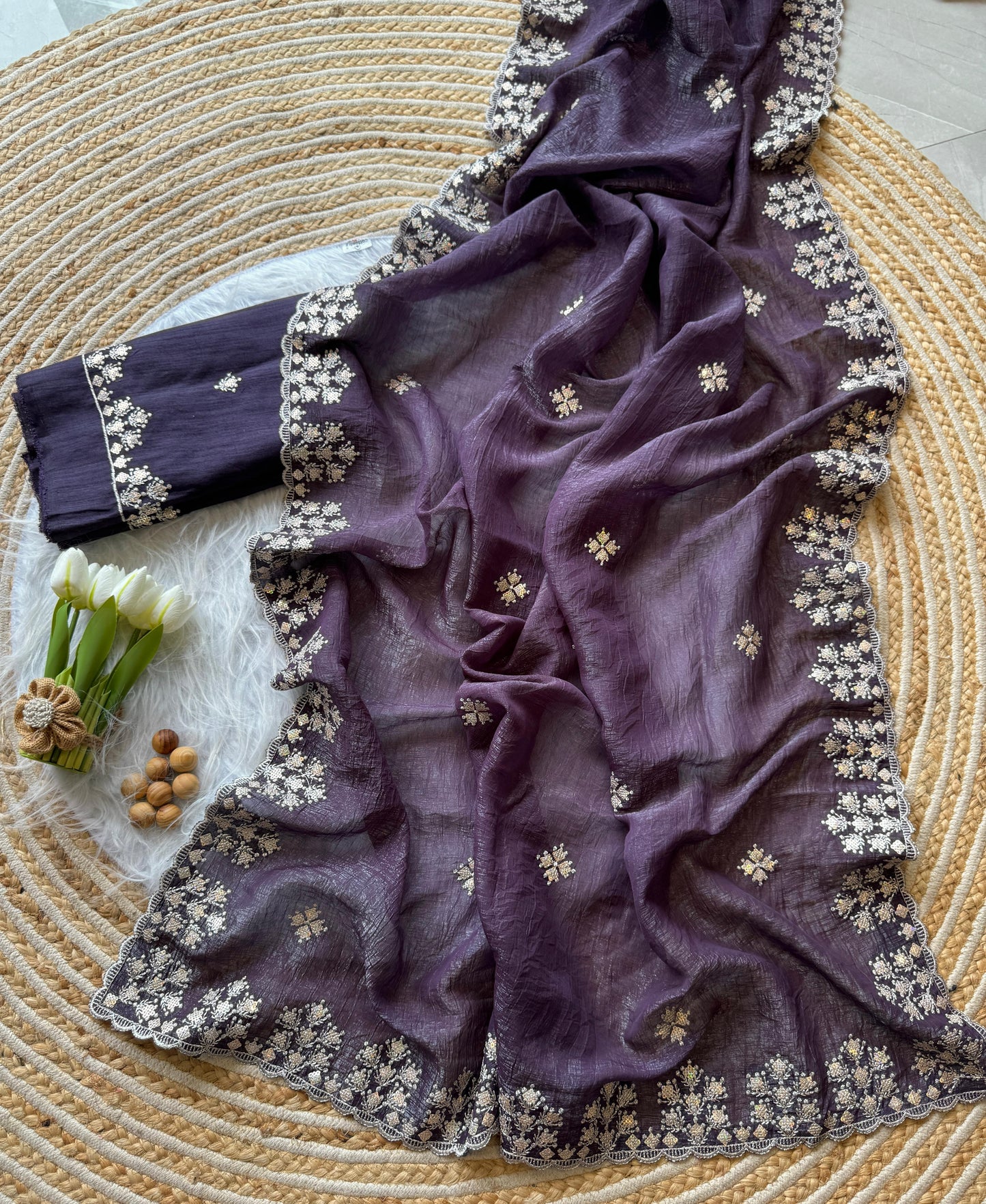 Soft Crushed Silk Sarees, Adorned With Delicate Zari Floral Embroidery Along The Border