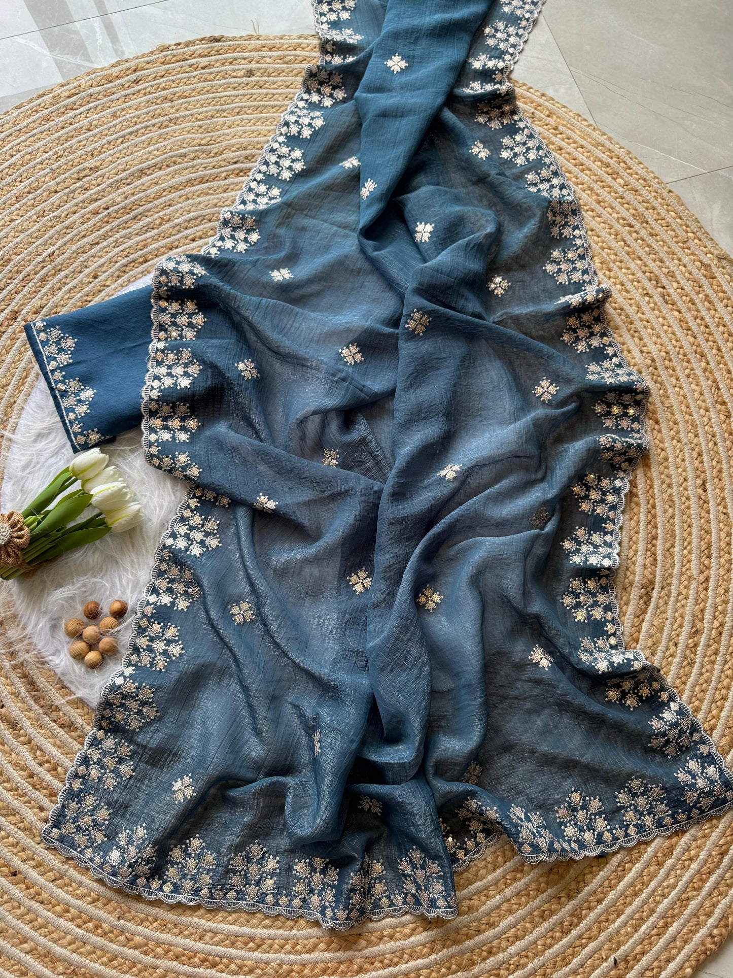 Soft Crushed Silk Sarees, Adorned With Delicate Zari Floral Embroidery Along The Border