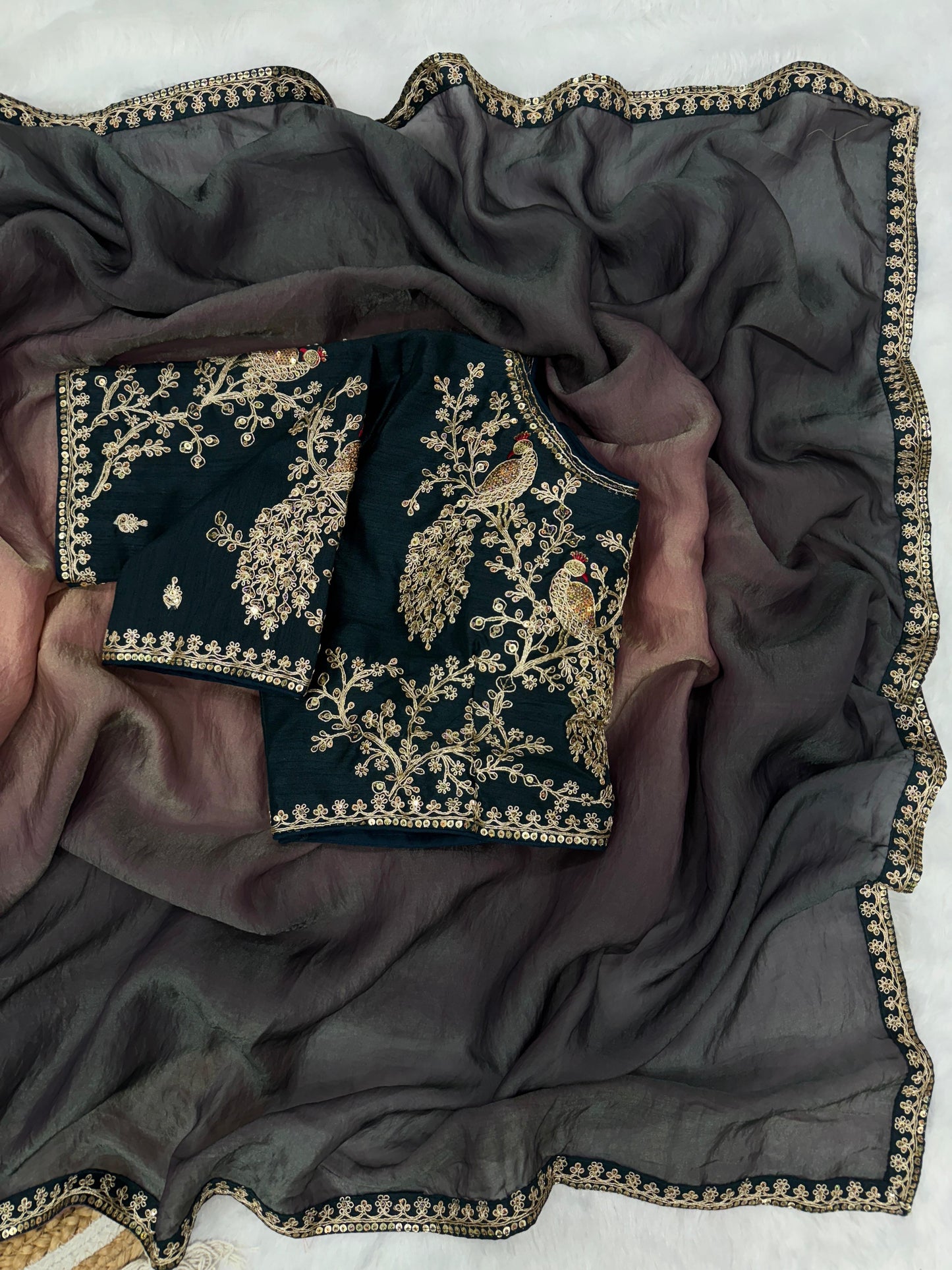 Shaded Soft Space Silk Beautiful Multicolour Sequence And Cording Embroidery Work
