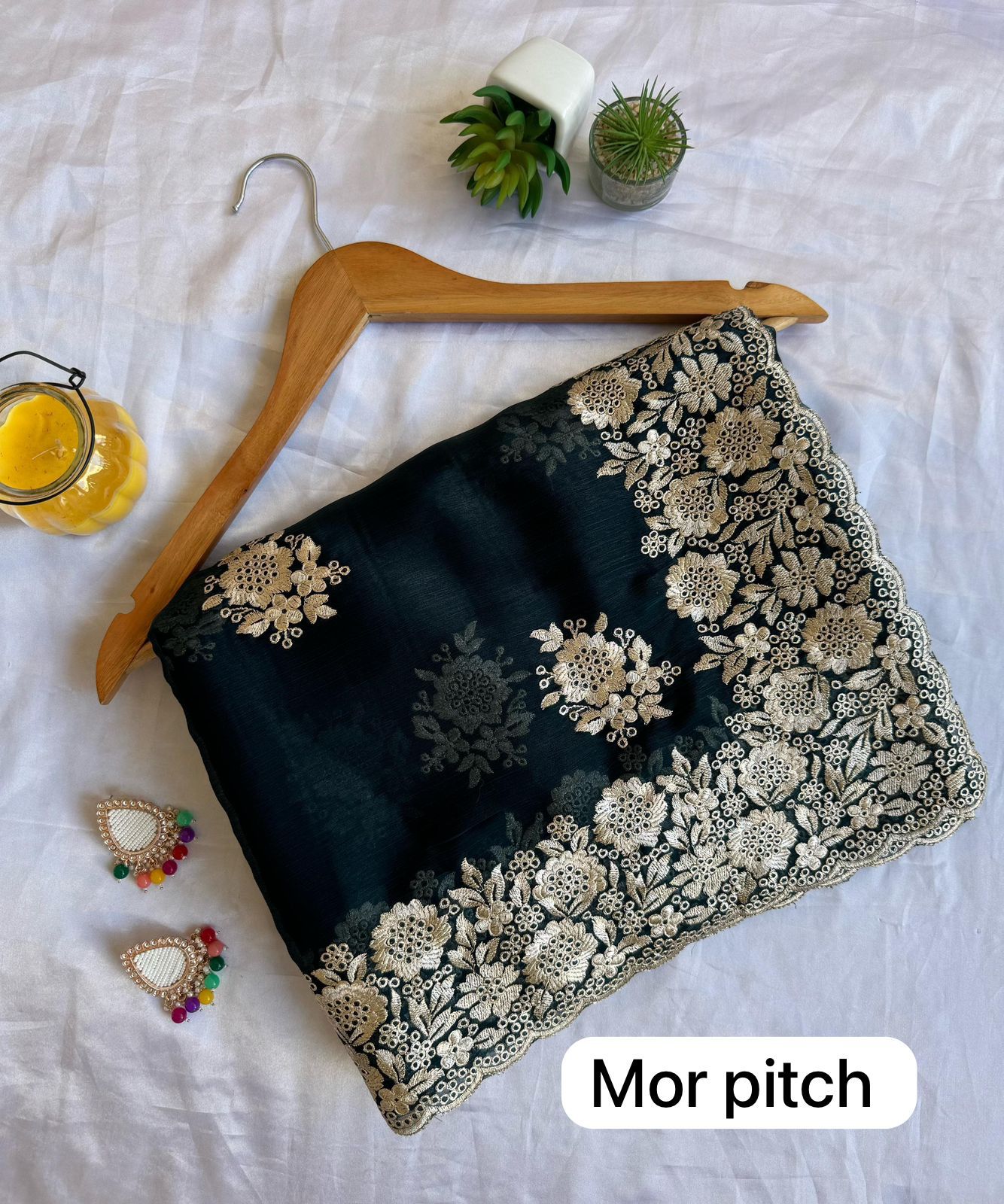 PURE JIMI CHU SILK SAREE WITH HEAVY THREAD EMBROIDERY WORK.
