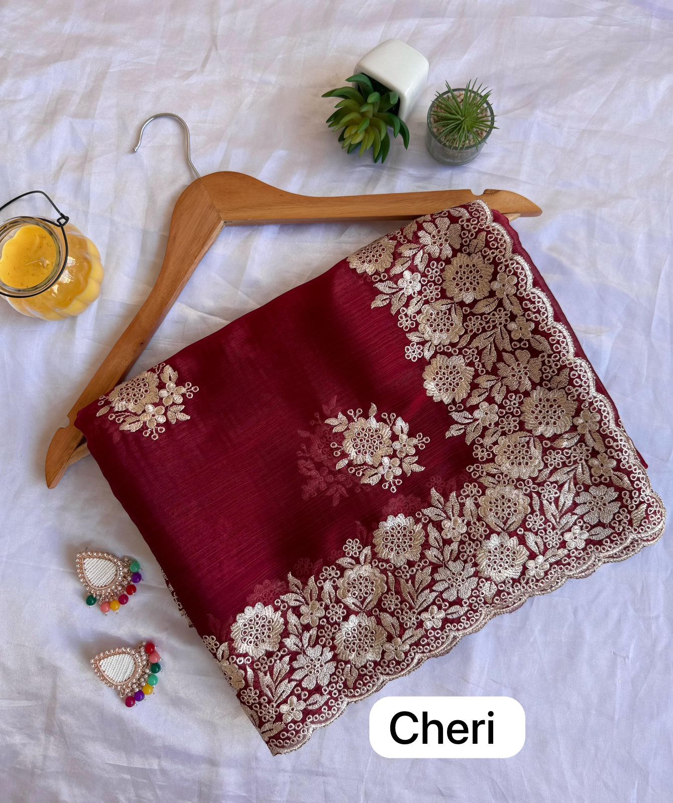 PURE JIMI CHU SILK SAREE WITH HEAVY THREAD EMBROIDERY WORK.