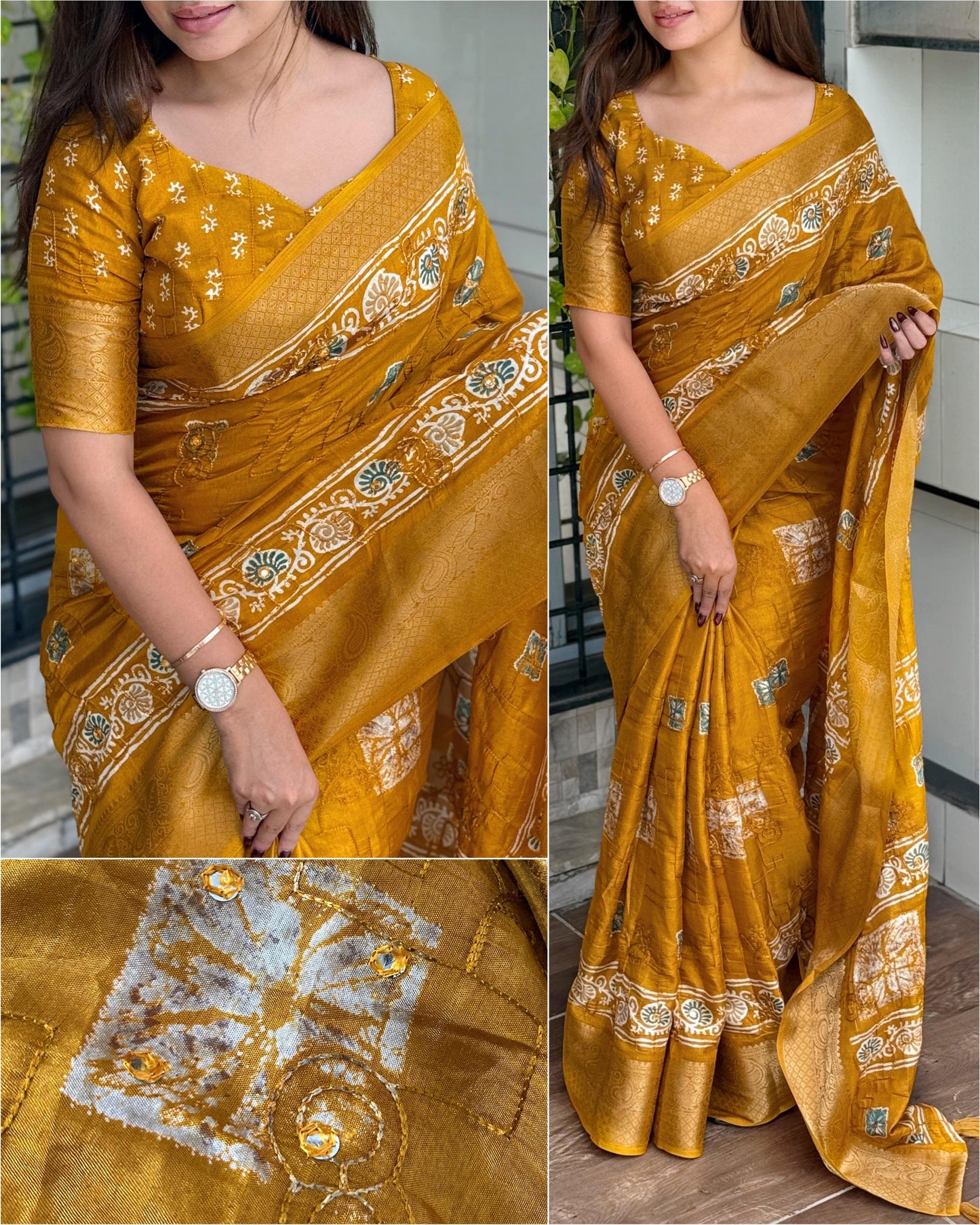 Designer printed Muslin cotton mirror work Saree
