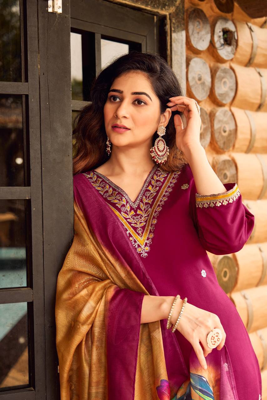 ROMAN SILK WITH HEAVY EMBROIDERED WORK FULLY STITCHED