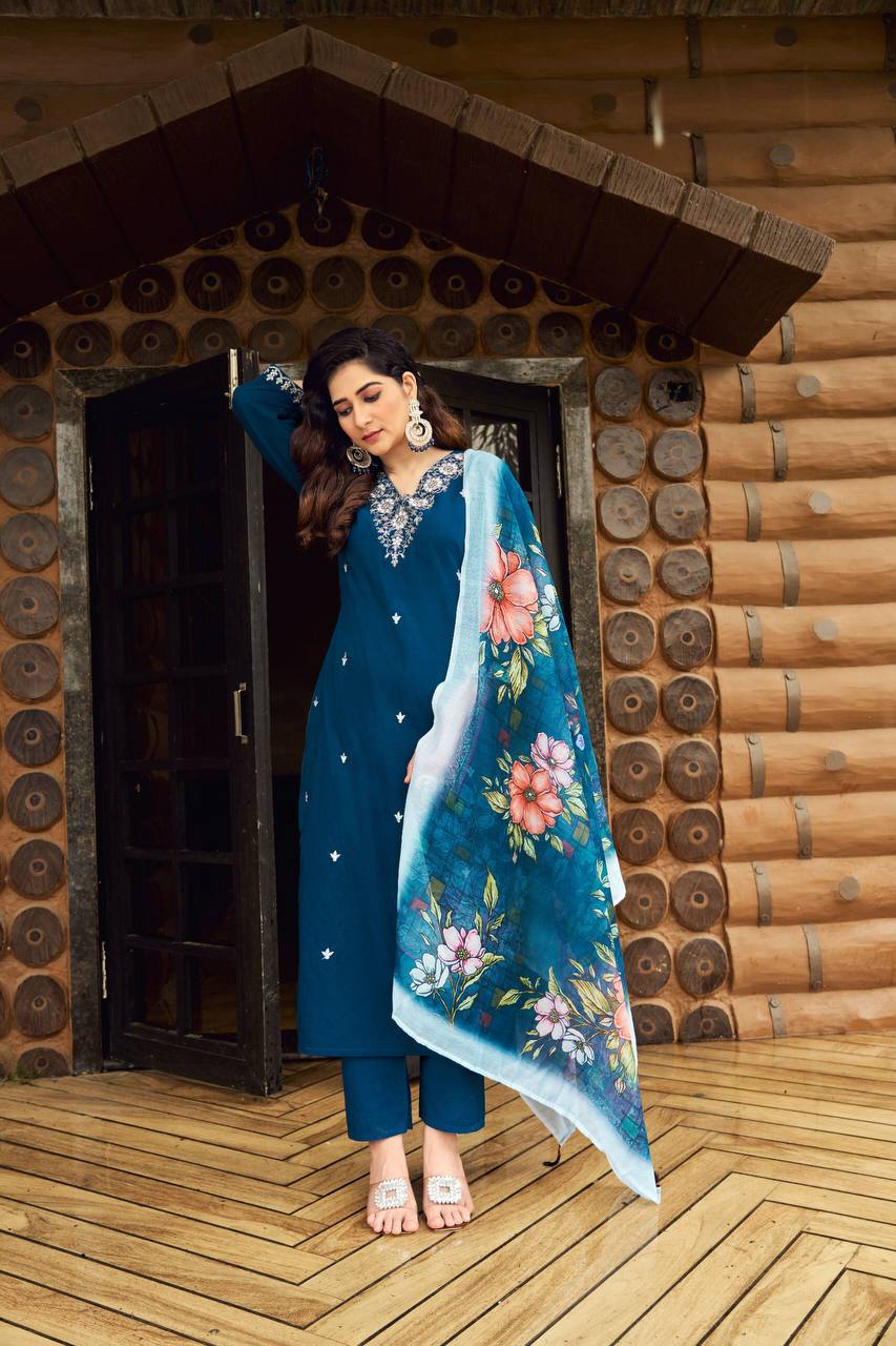 FULLY STITCHED ETHNIC SET WITH DUPATTA ROMAN SILK EMBROIDERED WORK