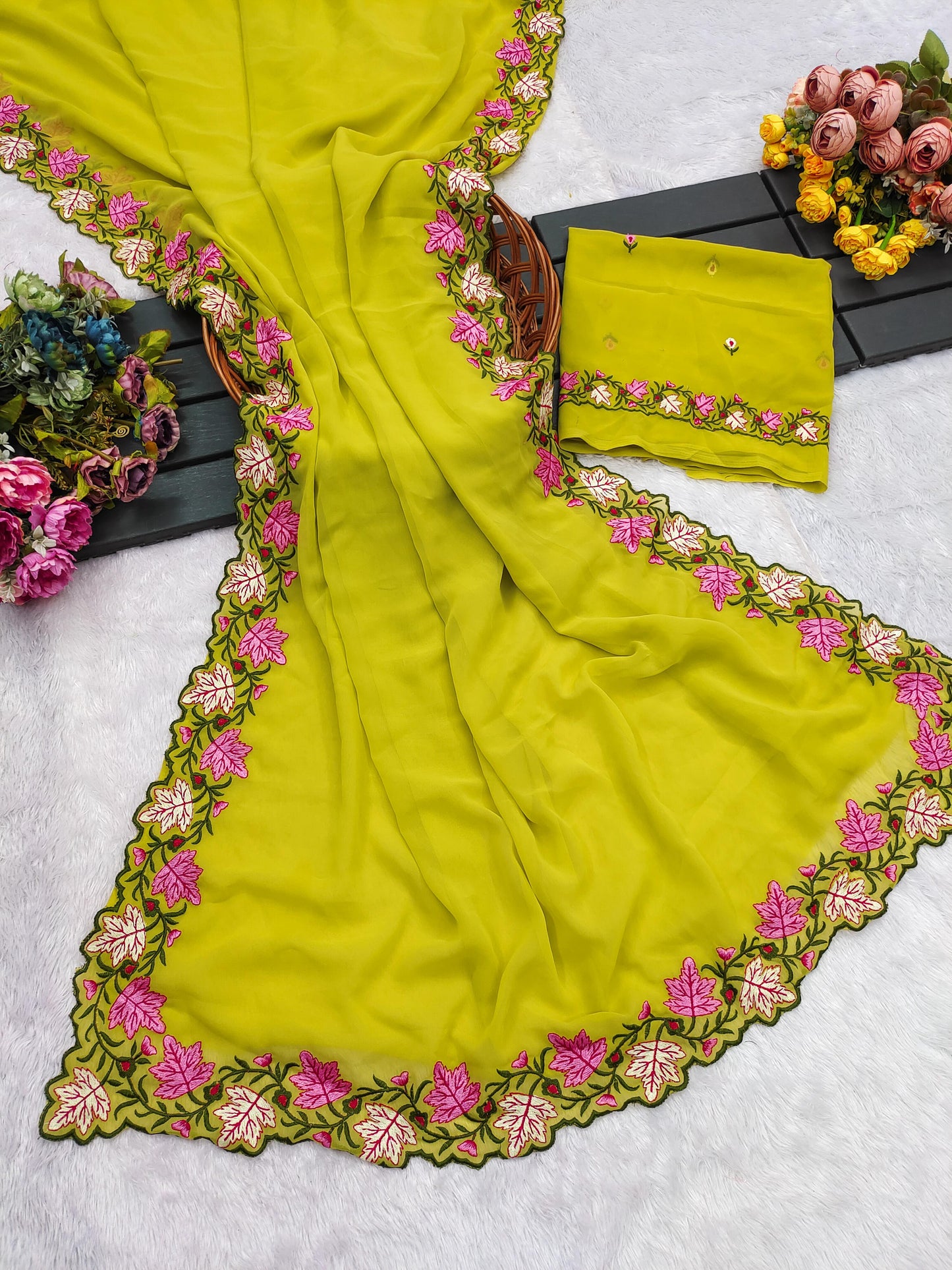 Faux Georgette Saree with Multi Thread Embroidery Design