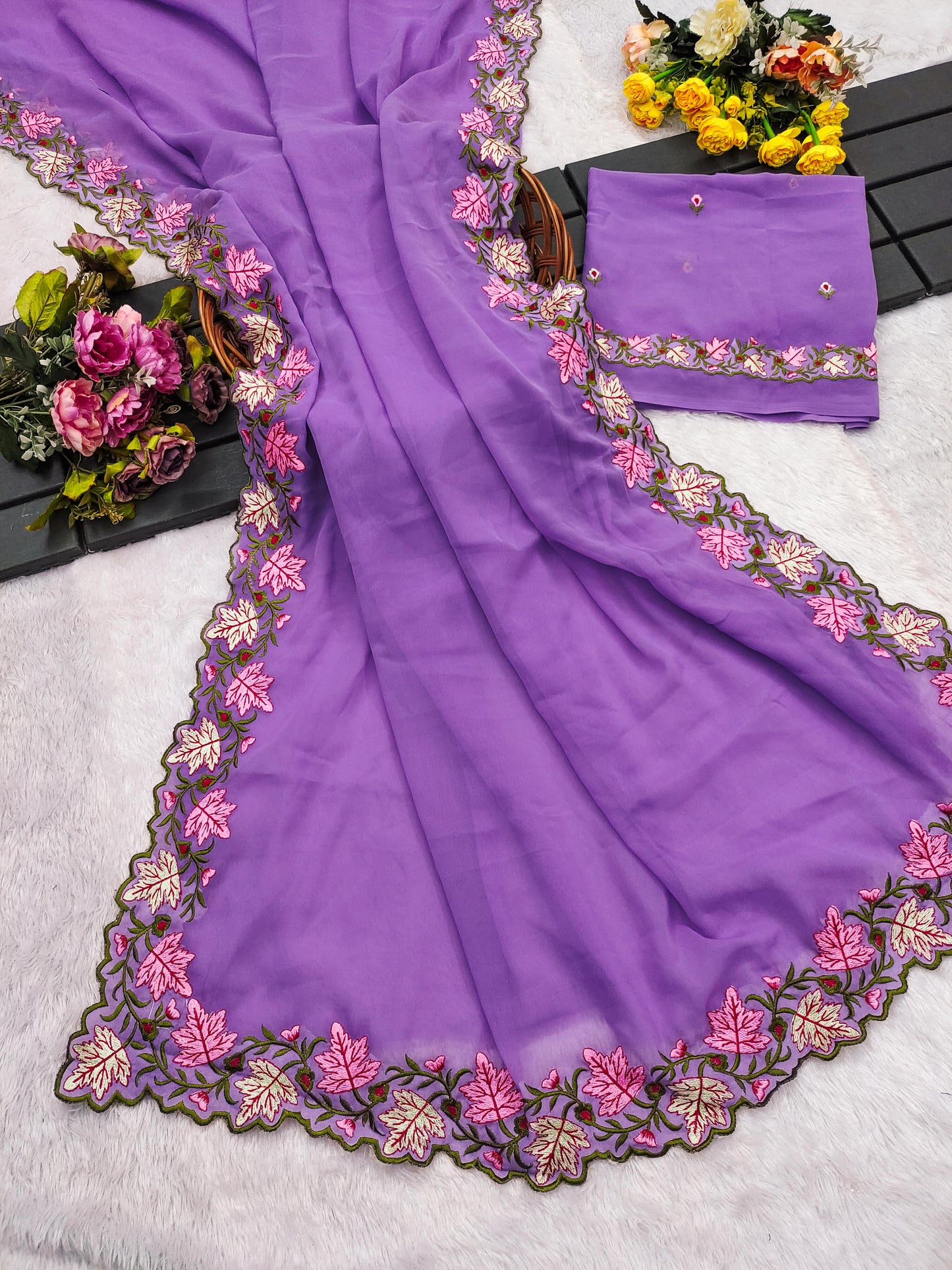 Faux Georgette Saree with Multi Thread Embroidery Design