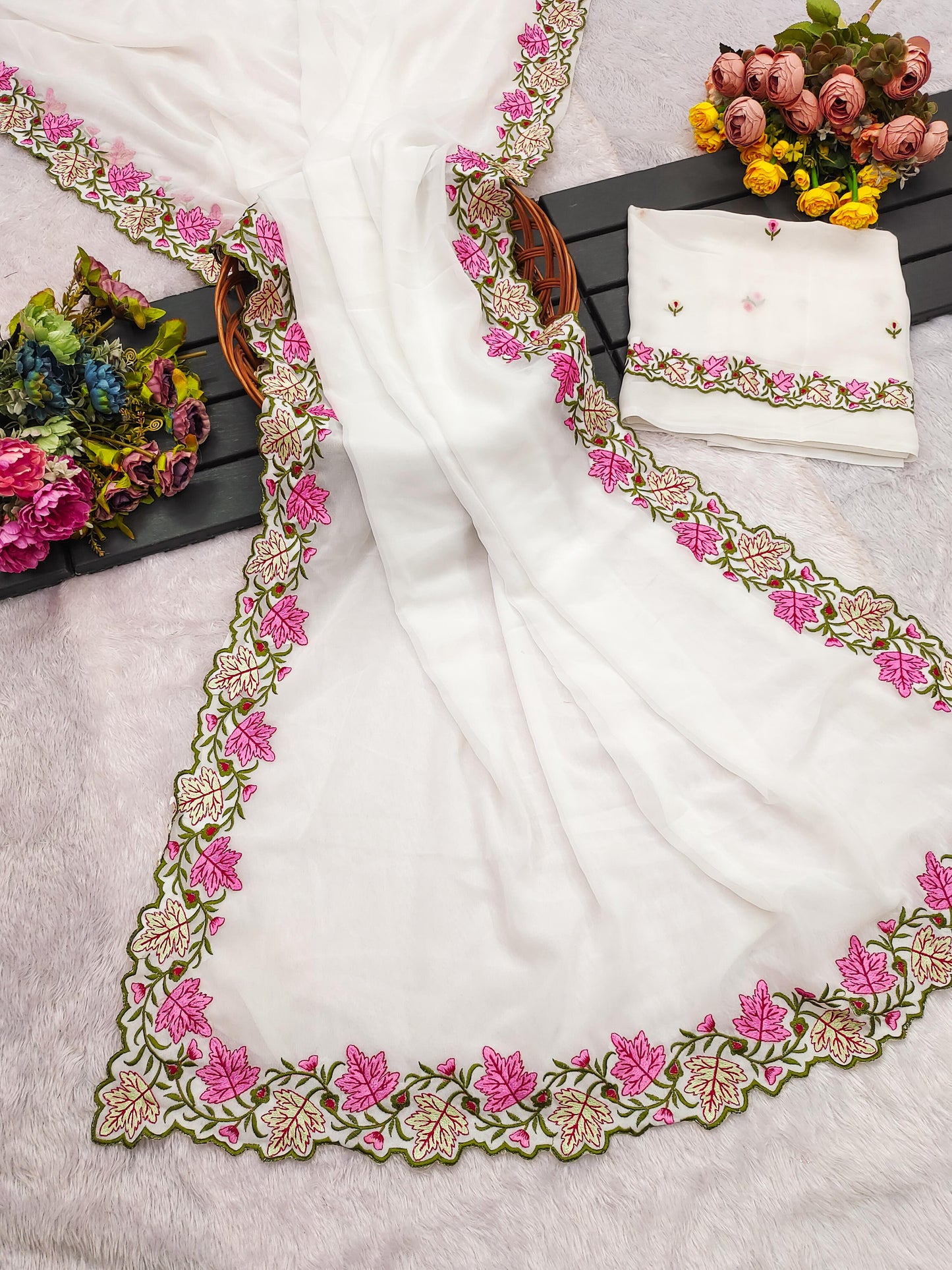 Faux Georgette Saree with Multi Thread Embroidery Design