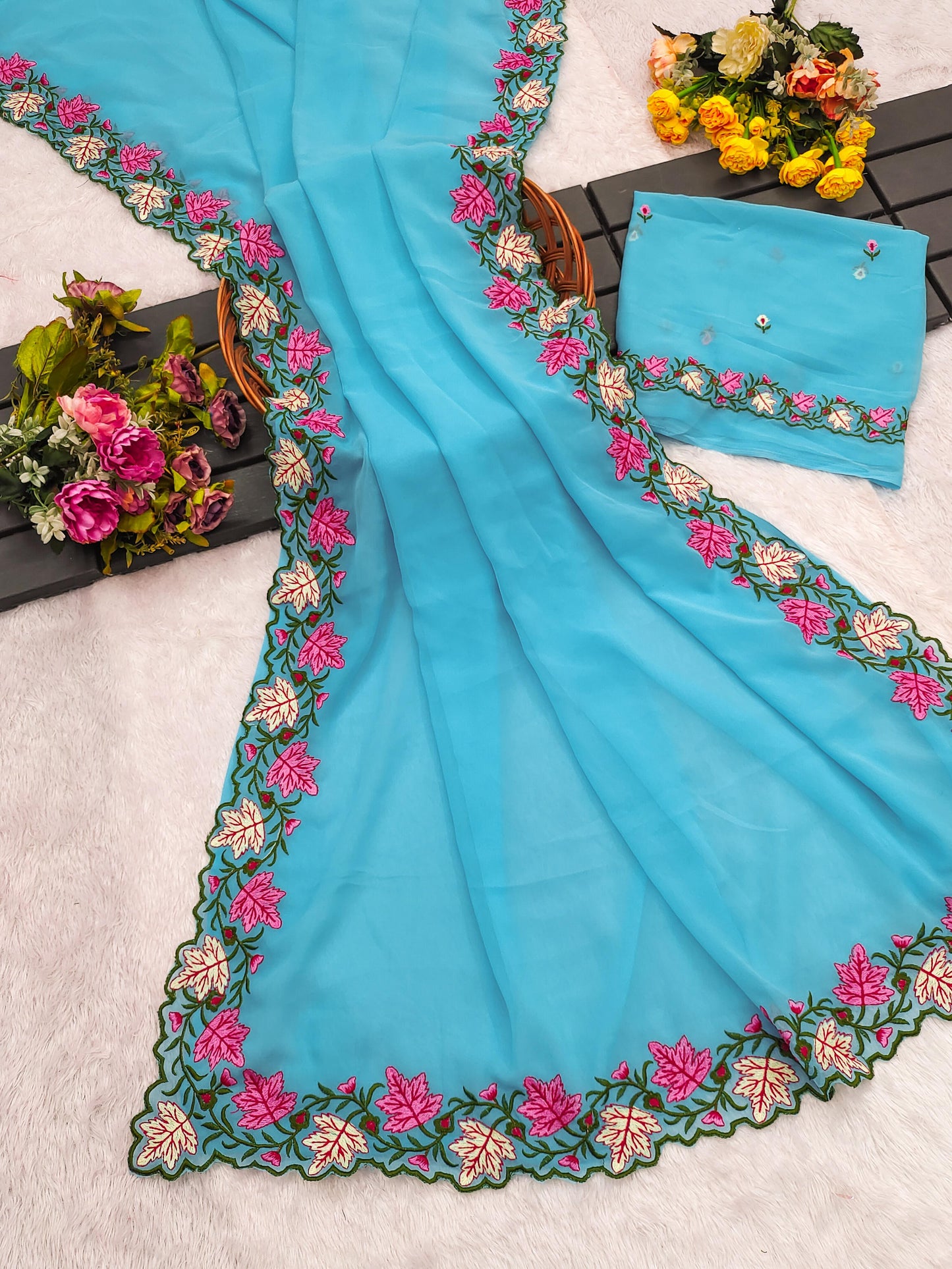Faux Georgette Saree with Multi Thread Embroidery Design