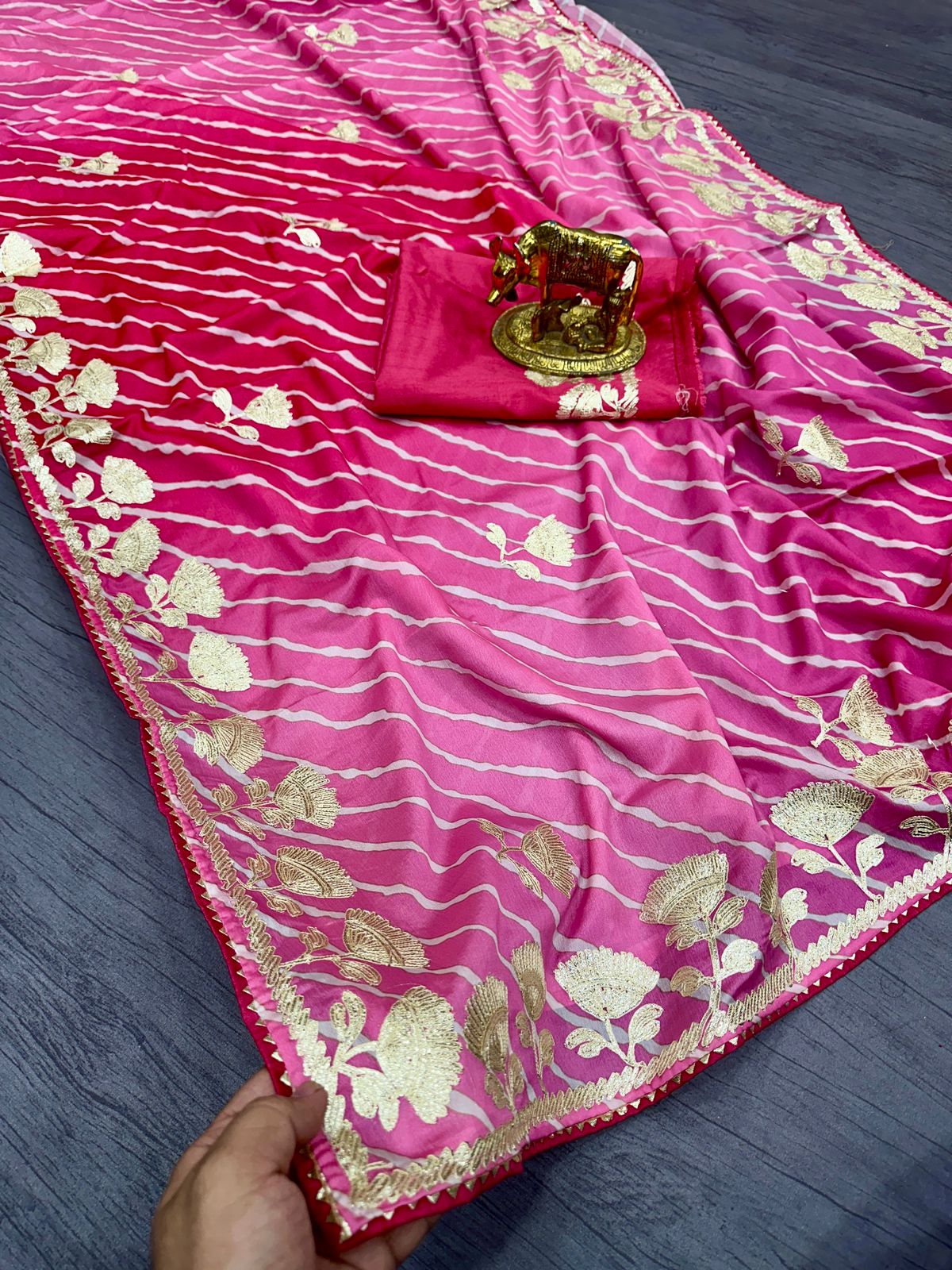 Pure Soft Chinon Silk Saree With Multi Beautiful Leheriya Print & Ribbon Work In C~Pallu