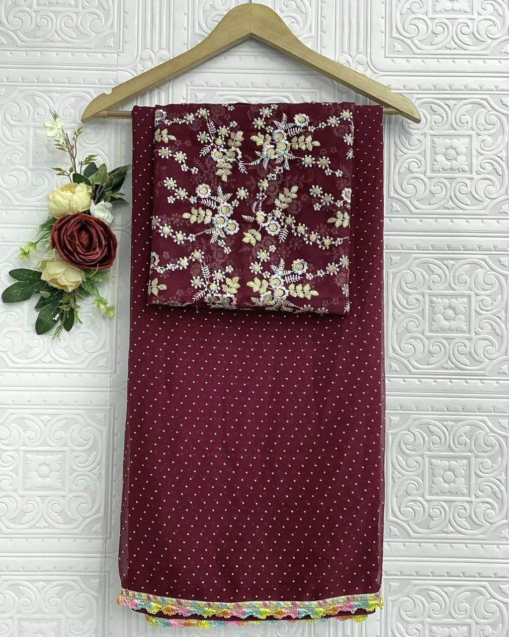 Georgette Saree With Georgette Multi Emrodiry Work Blouse With Rainbow Lace