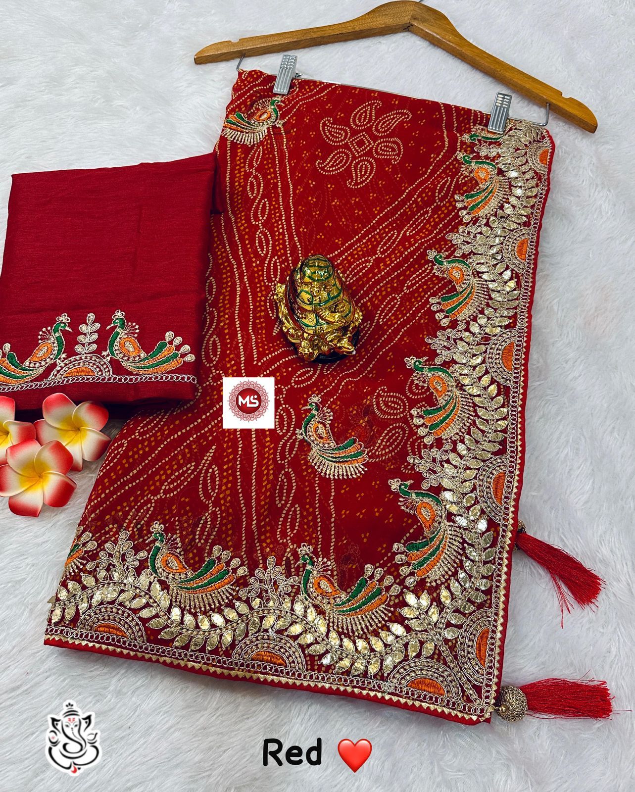 Women heavy georgatte bandhej saree with beautiful c-pallu with thred and gottpati work in all saree with multi nd coding work with rich look piping and heavy latkan on pallu thats give you a rich look saree