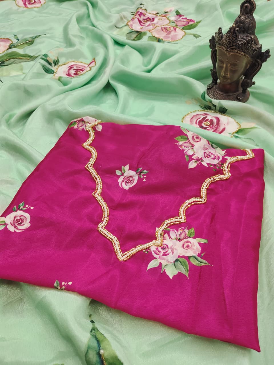 Saree For Womens Tebby Organza Saree With Beautiful floral print with katdana handwork