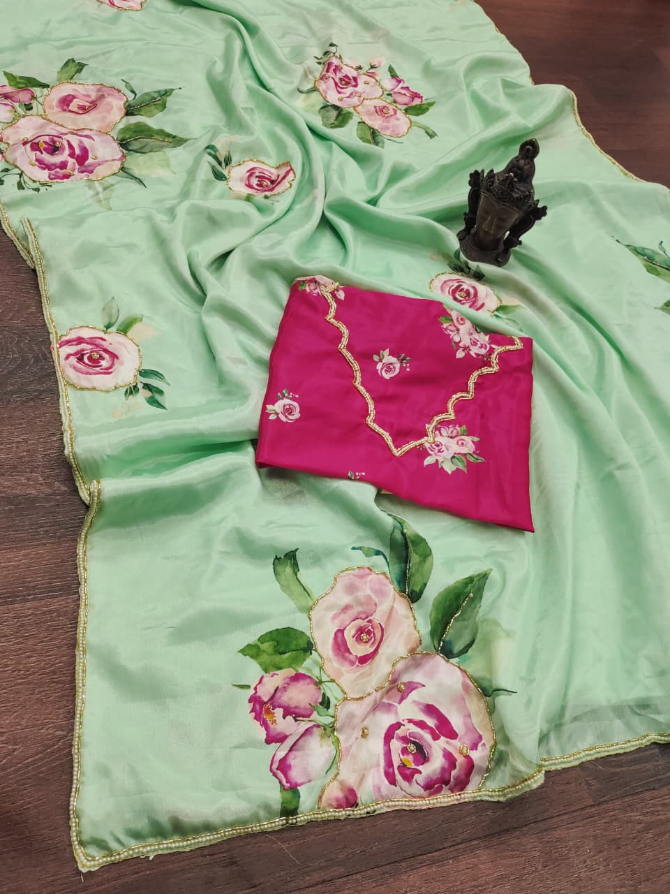 Saree For Womens Tebby Organza Saree With Beautiful floral print with katdana handwork