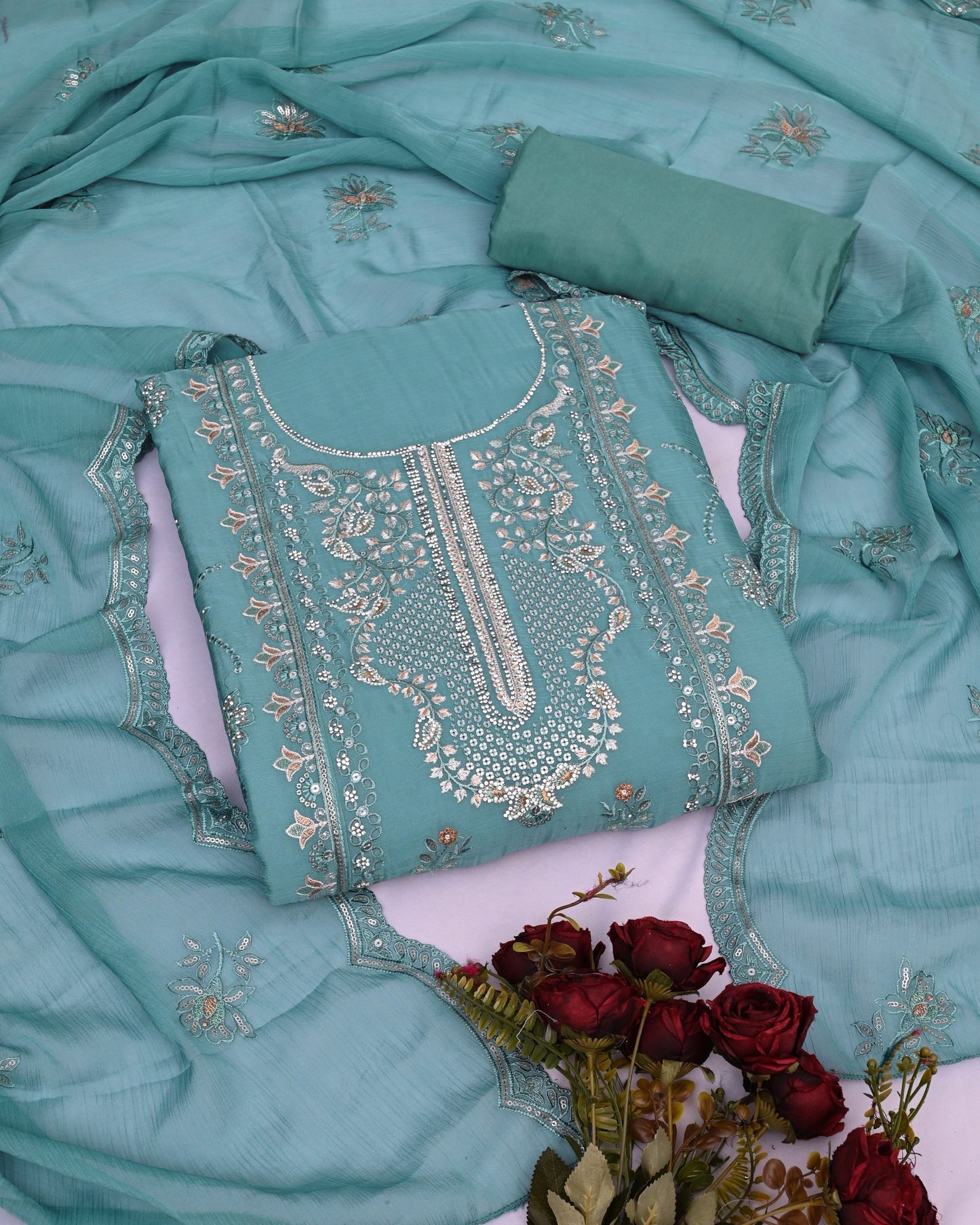 Embroidery Diamond Work With Zarkan Unstitched Dress Material Salwar Suit For Ladies With CRUNCHY Top Embroidery Border Work HEAVY SANTOON DUPATTA CRUNCHY