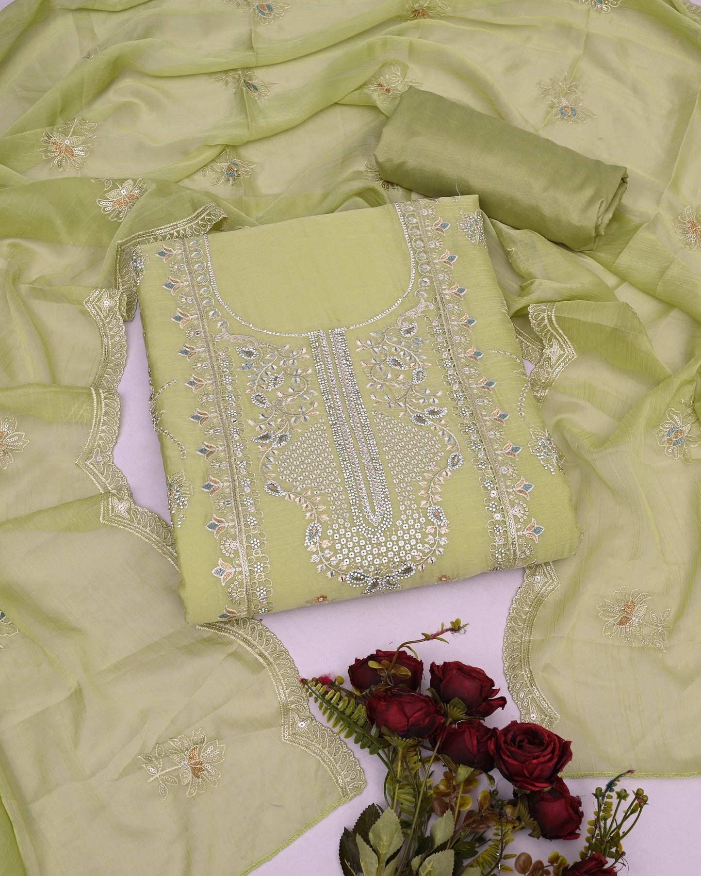 Embroidery Diamond Work With Zarkan Unstitched Dress Material Salwar Suit For Ladies With CRUNCHY Top Embroidery Border Work HEAVY SANTOON DUPATTA CRUNCHY