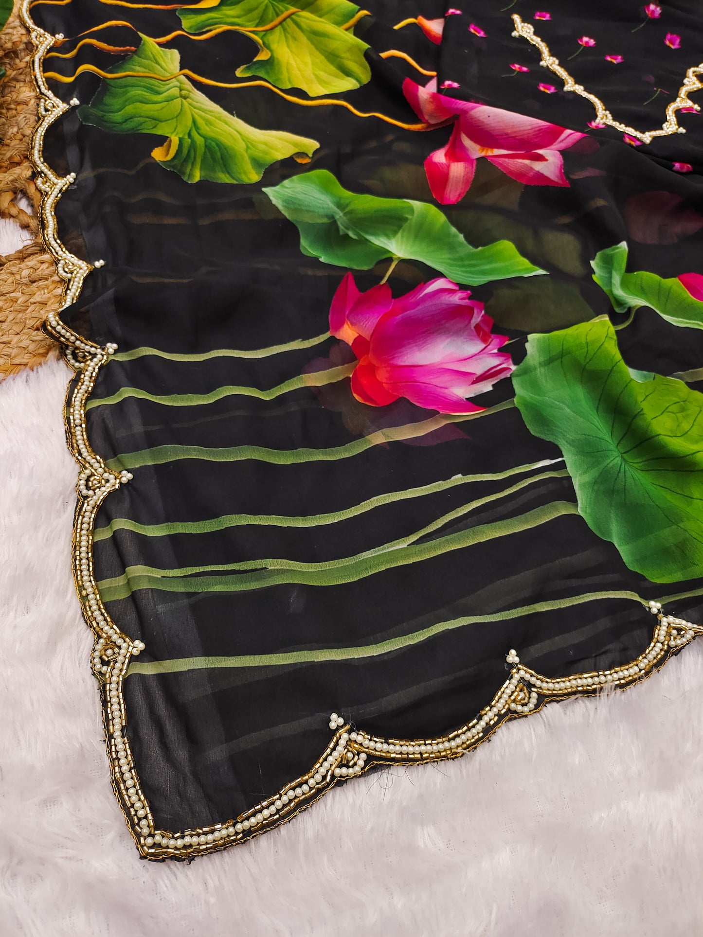Heavy khatliwork Border with digital print all over saree with motif border