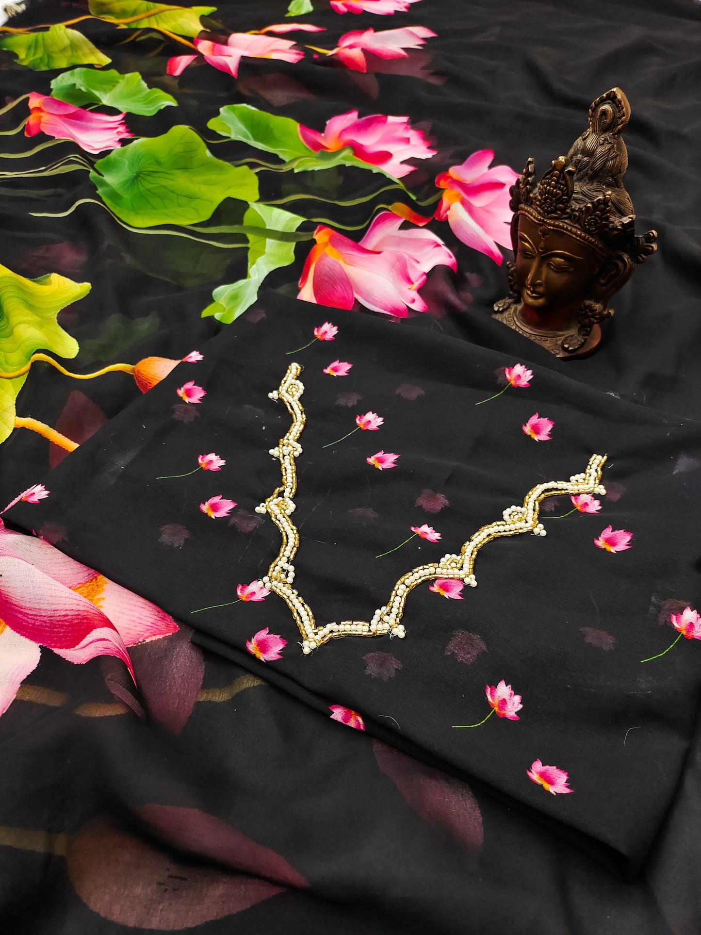 Heavy khatliwork Border with digital print all over saree with motif border
