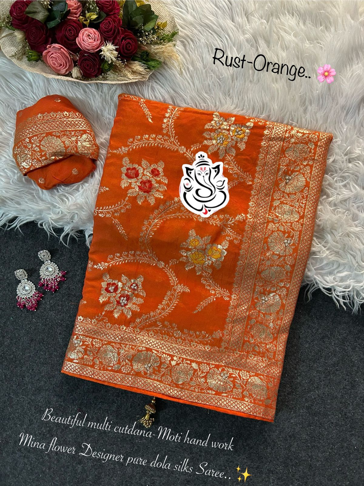 Beautiful cutdana-moti hand work all in saree & Contrast pypin boder Mina jari flower pretty Pure Dola silks Desinger saree..✨