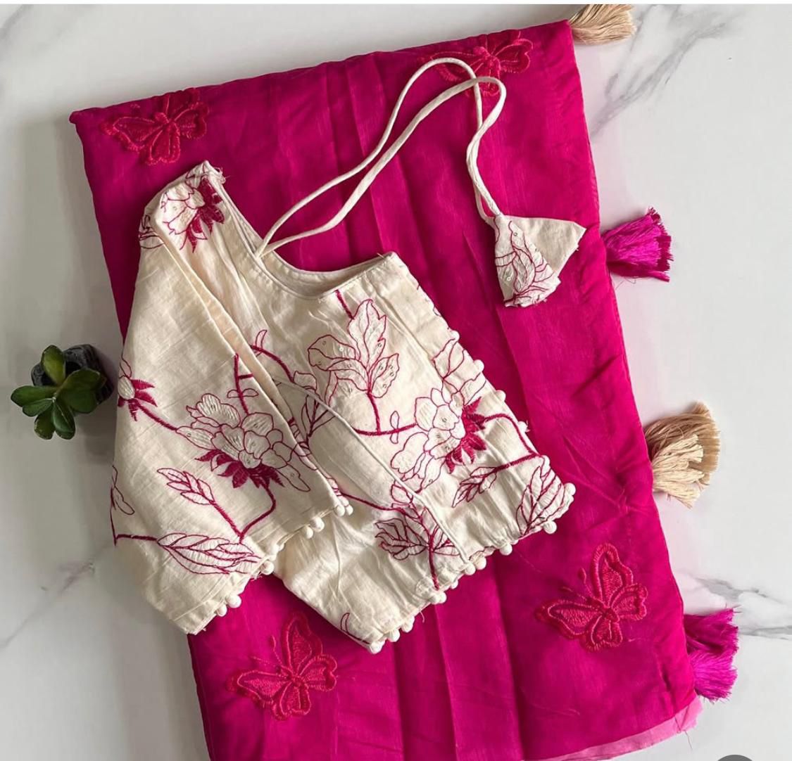 New Chanderi Cotton Embroidery n Tussels Work Fancy Designer Festive Wear Saree With Stitched Blouse