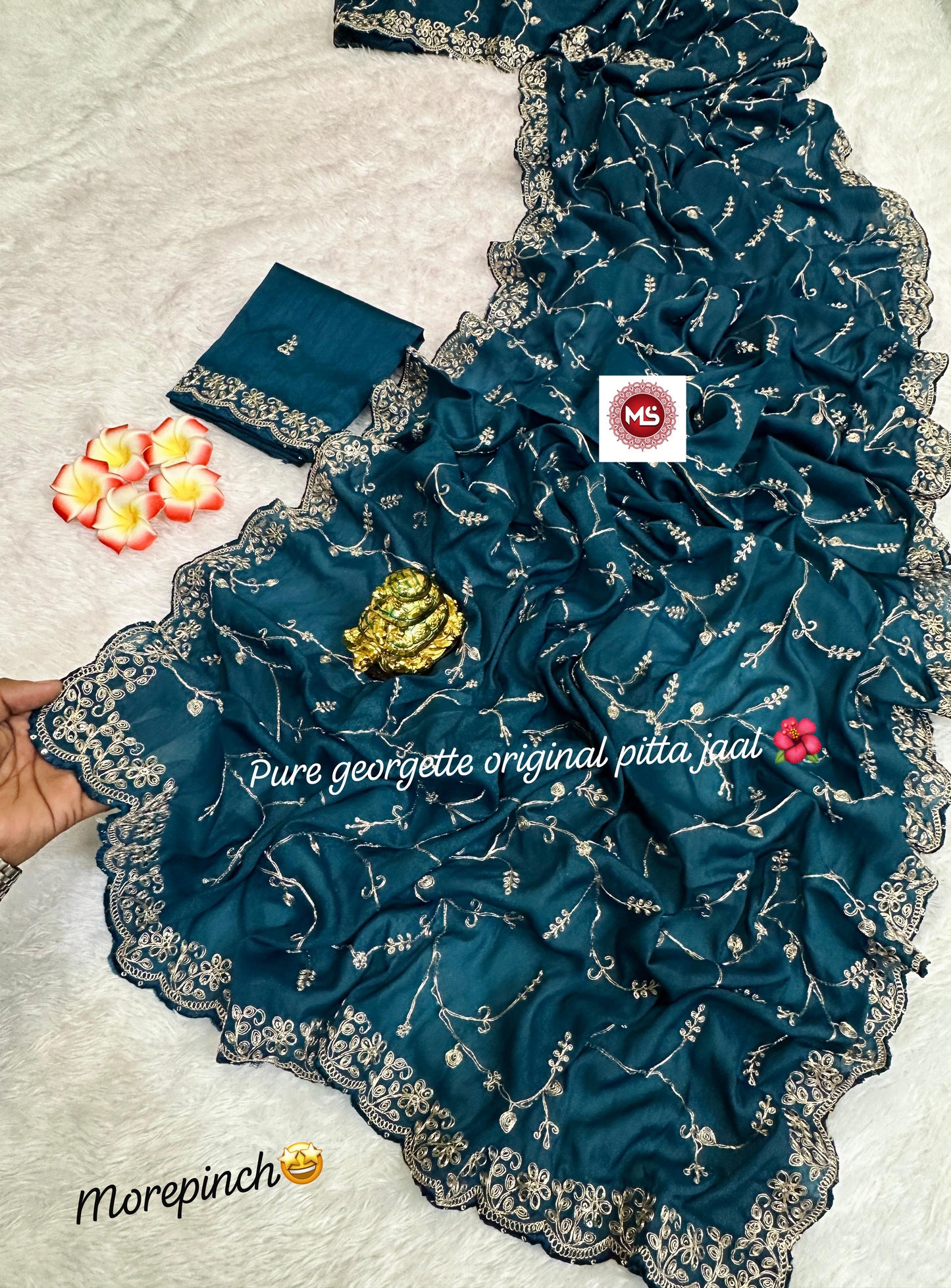 saree have full jaal pita Codding c.Pallu emb work..also having beautiful border cutwork border..also added with emb pita zari work blouse ..saree have extra ordinary batik bandhej mill print pattern in best quality ..