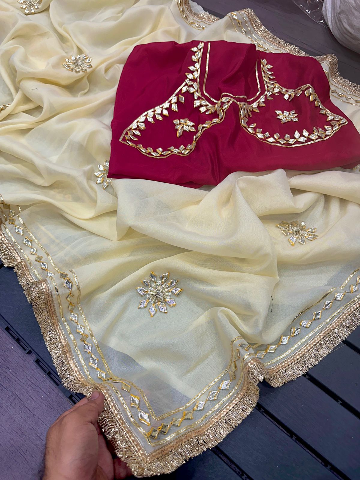 Premium Crystal Silk Handmade Aangi Gota Patti Saree with Farr Lace Border