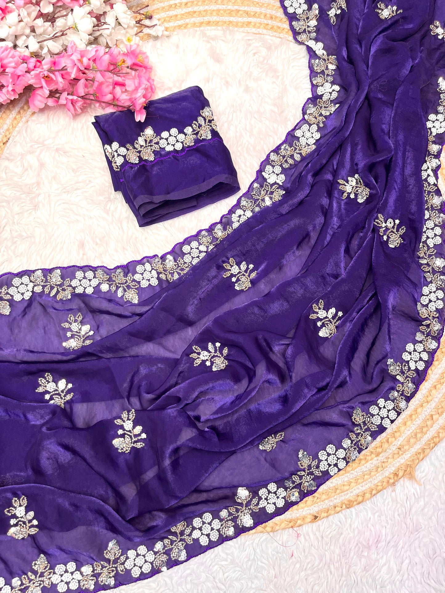 Premium Fandy Satin Saree with Sequins & Brits C-Pallu Work