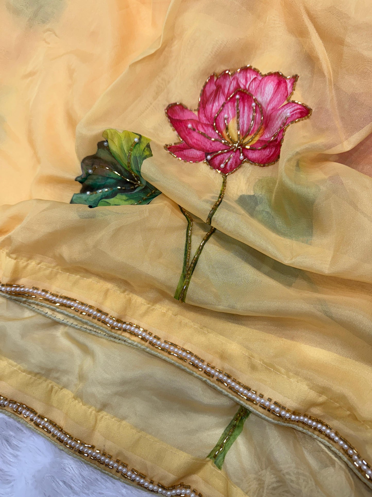 Premium Soft Tebby Silk Saree with Floral Print & Beads Katdana Handwork