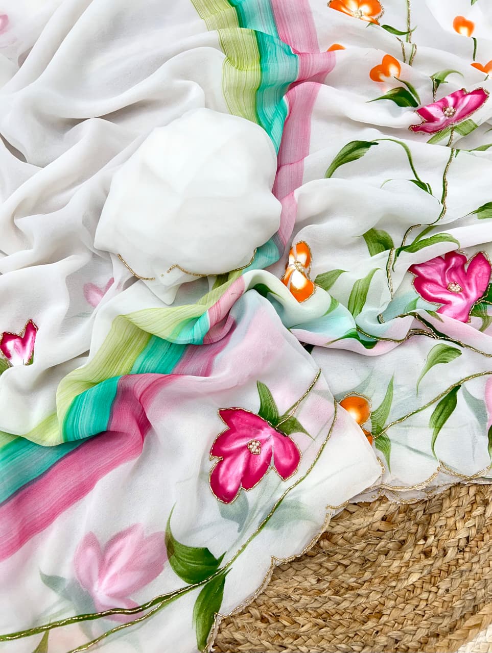 Luxury Handmade Georgette Saree with All-Over Floral Handwork