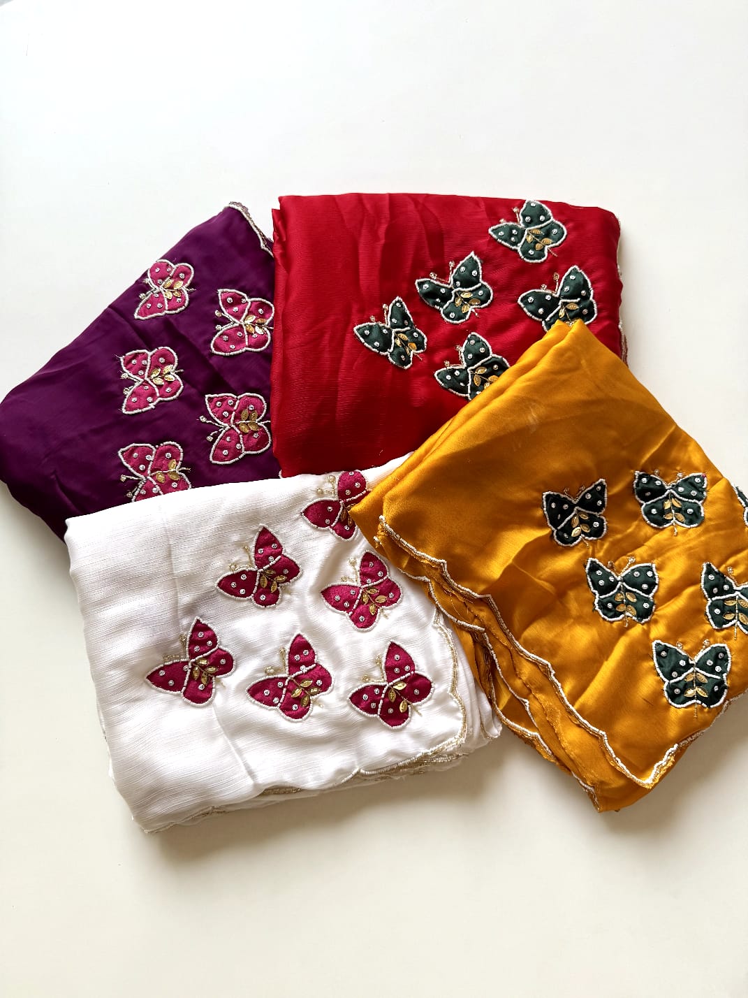 Premium Pure Satin Chiffon Fully Handcrafted Saree with Butterfly Butta & Khatli Work