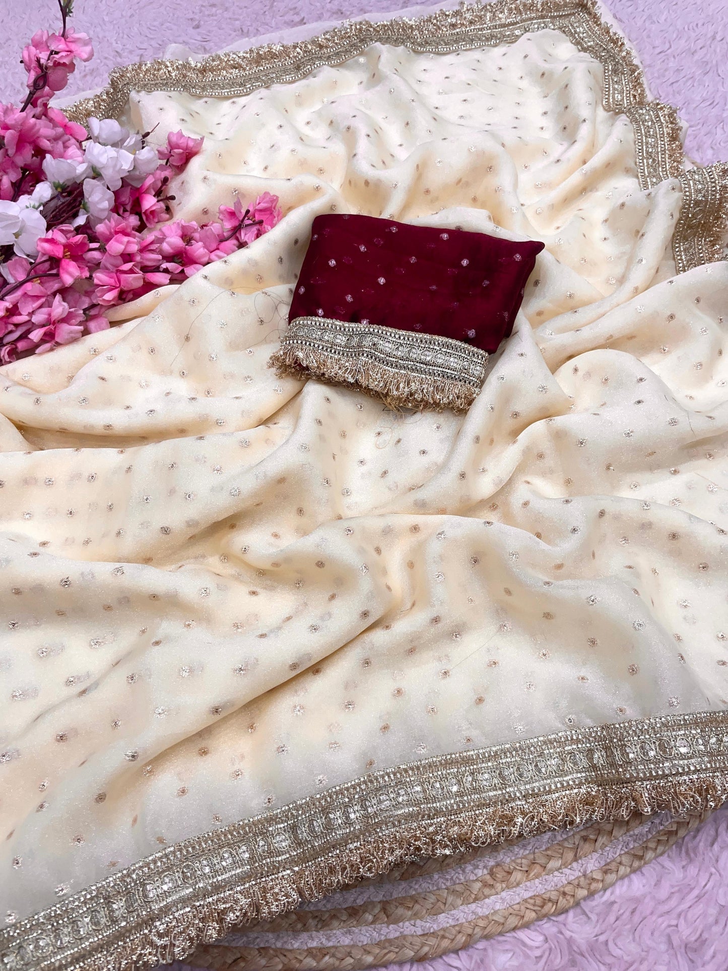 Premium NC Moss Butti Saree with Elegant Lace Border