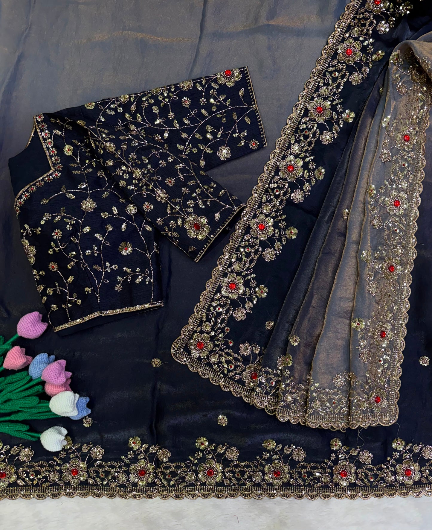 Premium Shaded Fendy Satin Saree with Sequins & Diamond Work