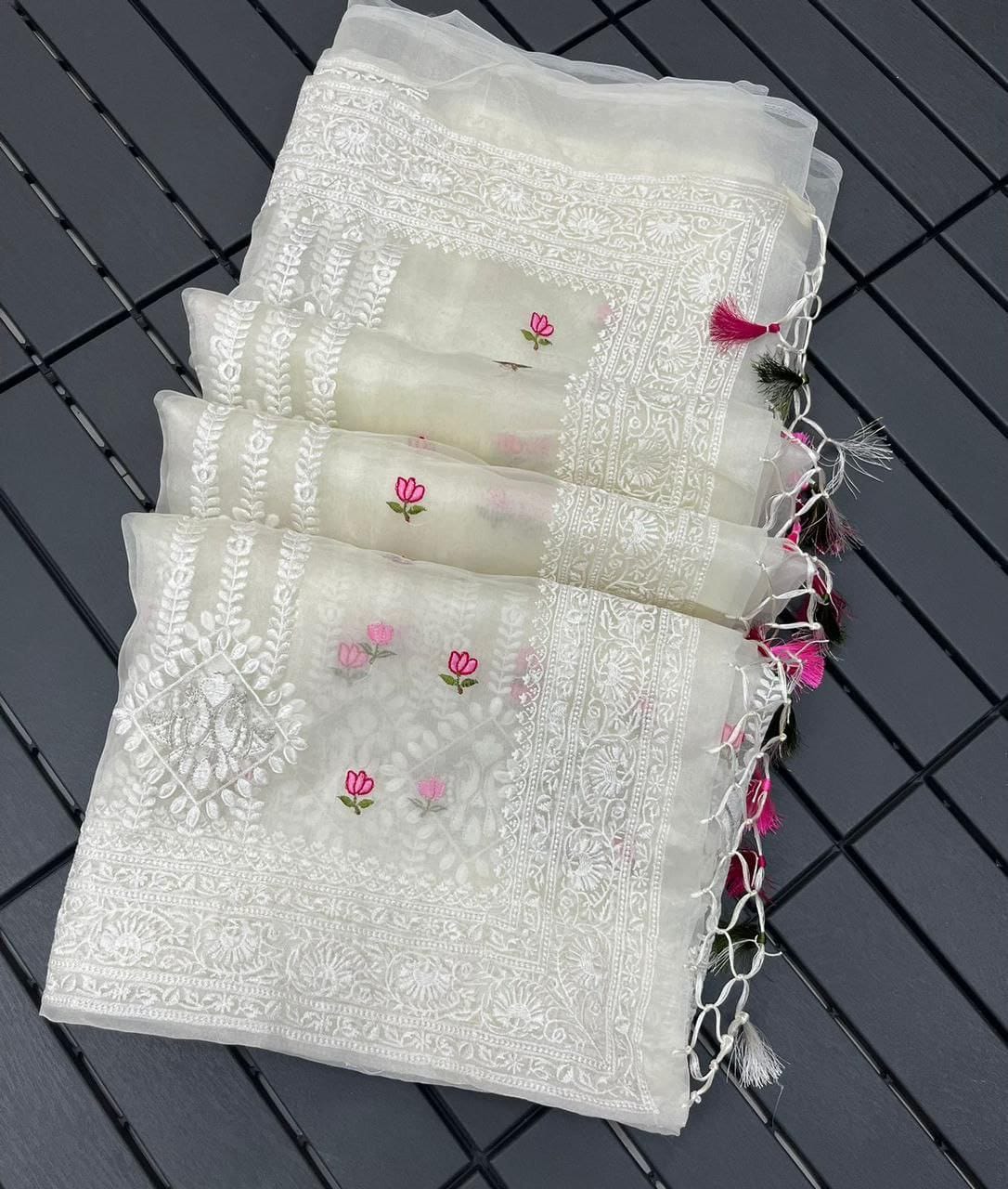 Luxury Soft Organza Saree Featuring Lucknowi Embroidery and Silver Zari Detailing