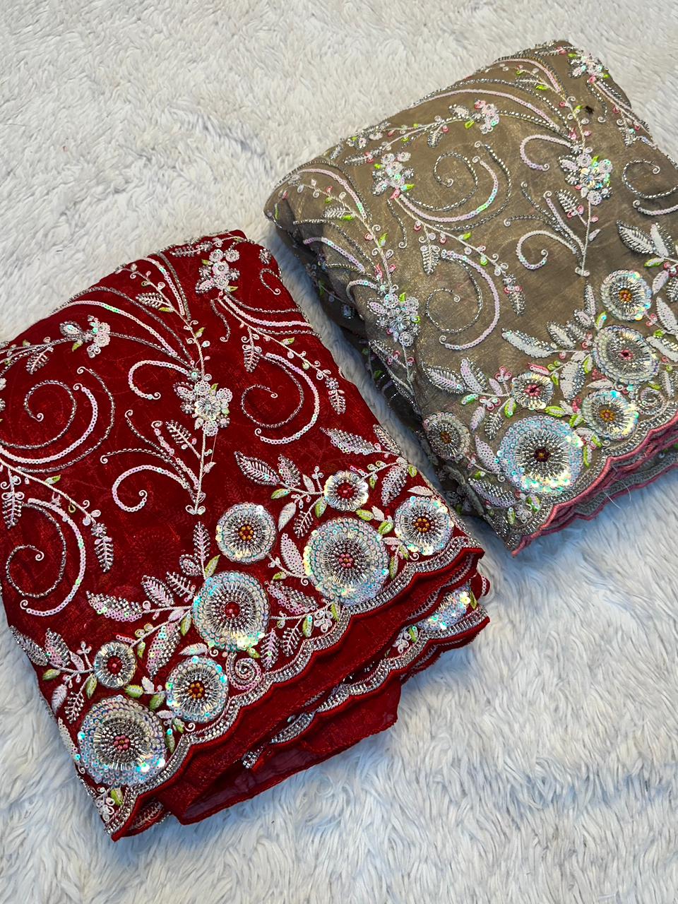 Designer Crushy Saree with Heavy Embroidered Blouse & Scalloped Borders