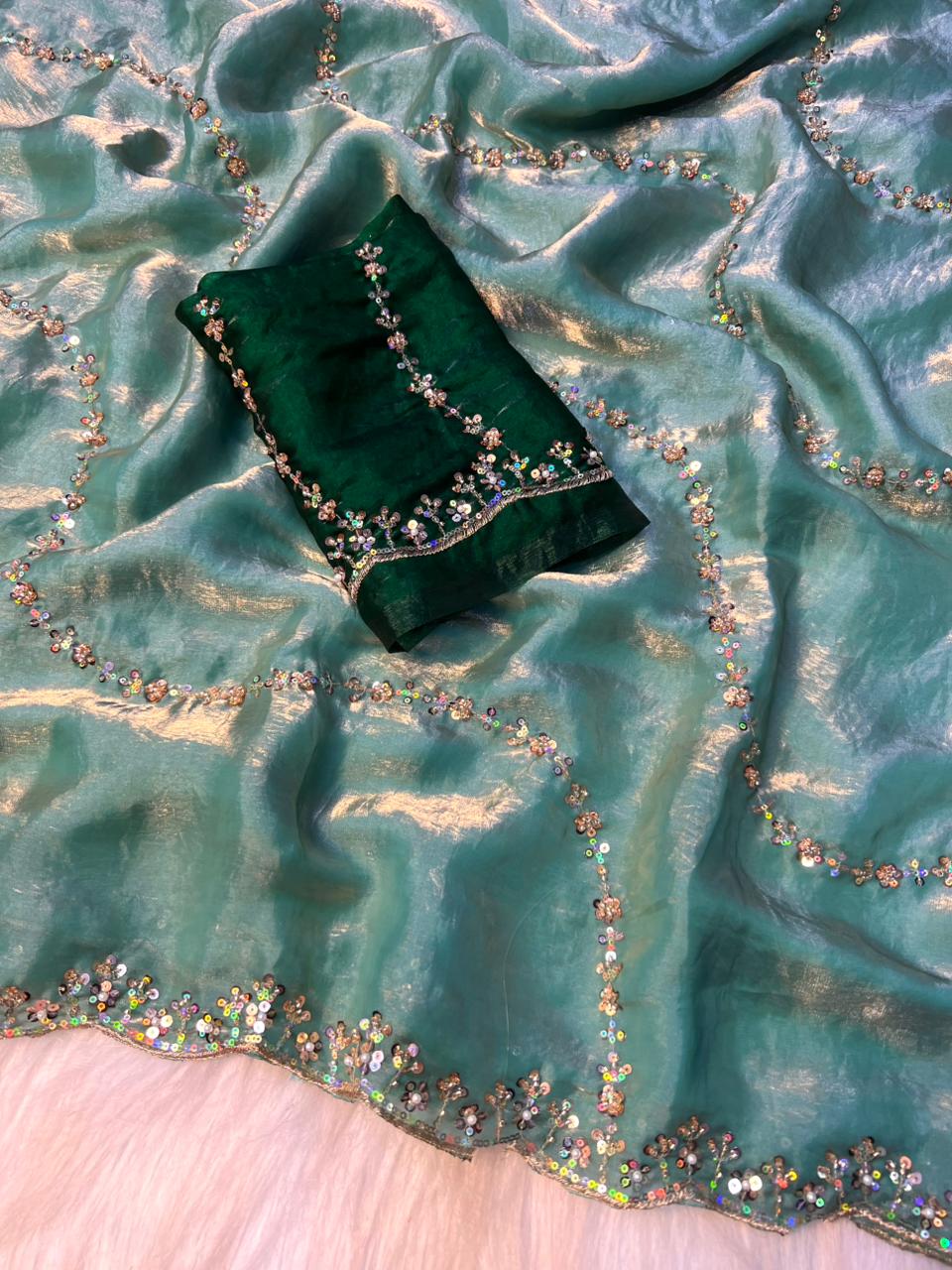 Premium Fandy Satin Silk Saree with Fancy Beads Handwork