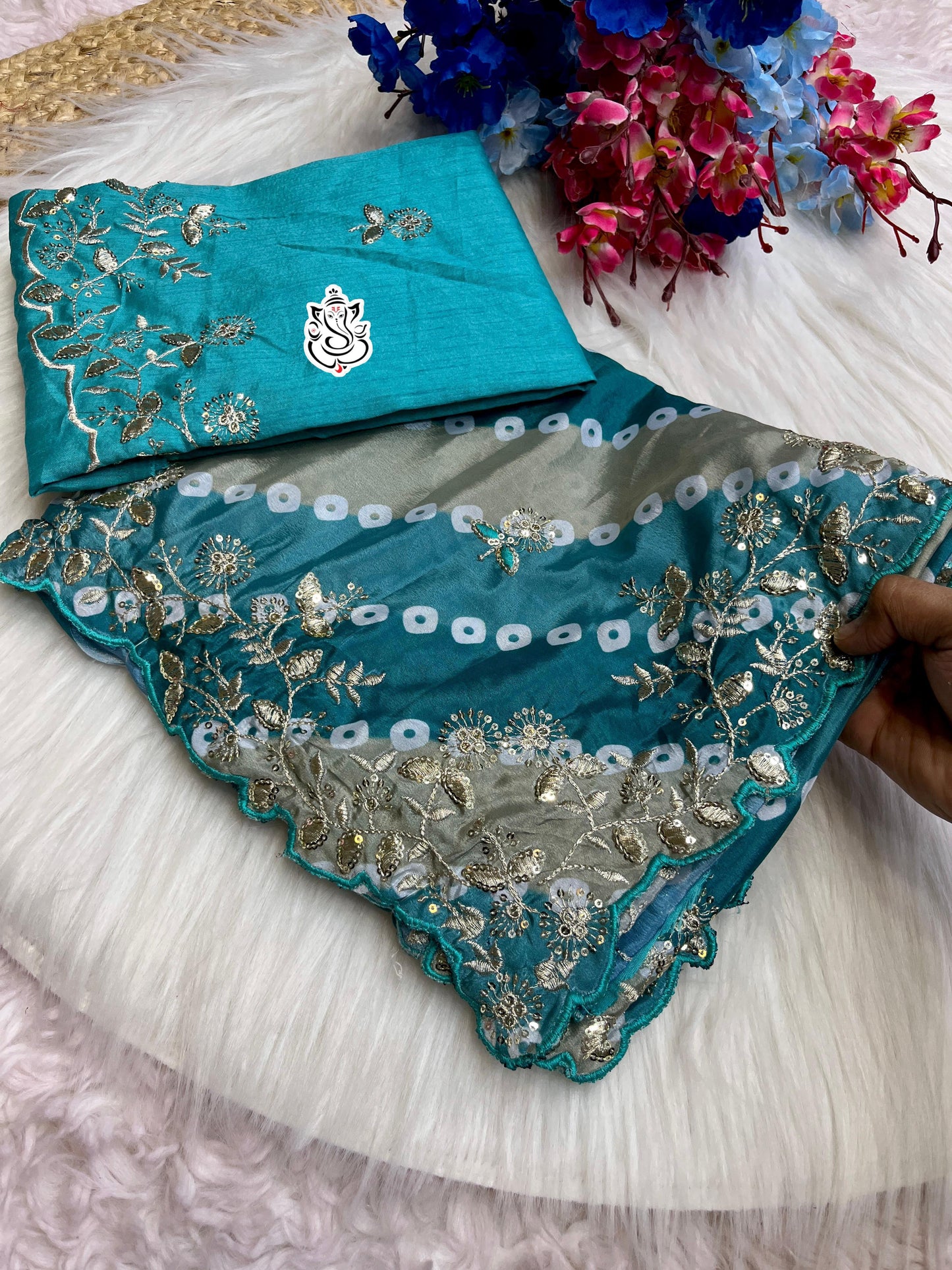 Designer Digital Print Chinon Silk Saree with Cutwork Border