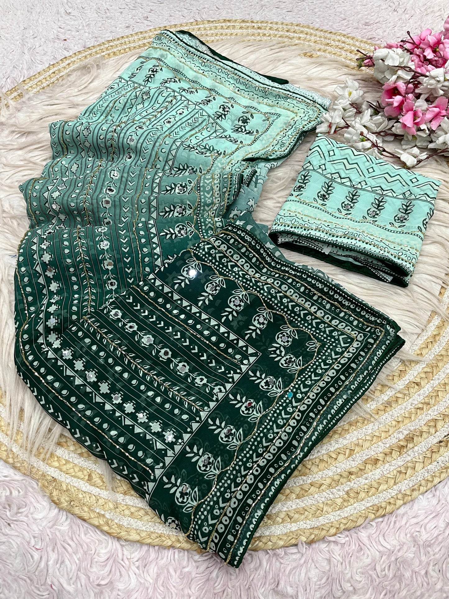 Premium Georgette Printed Saree with Khatli & Original Mirror Work