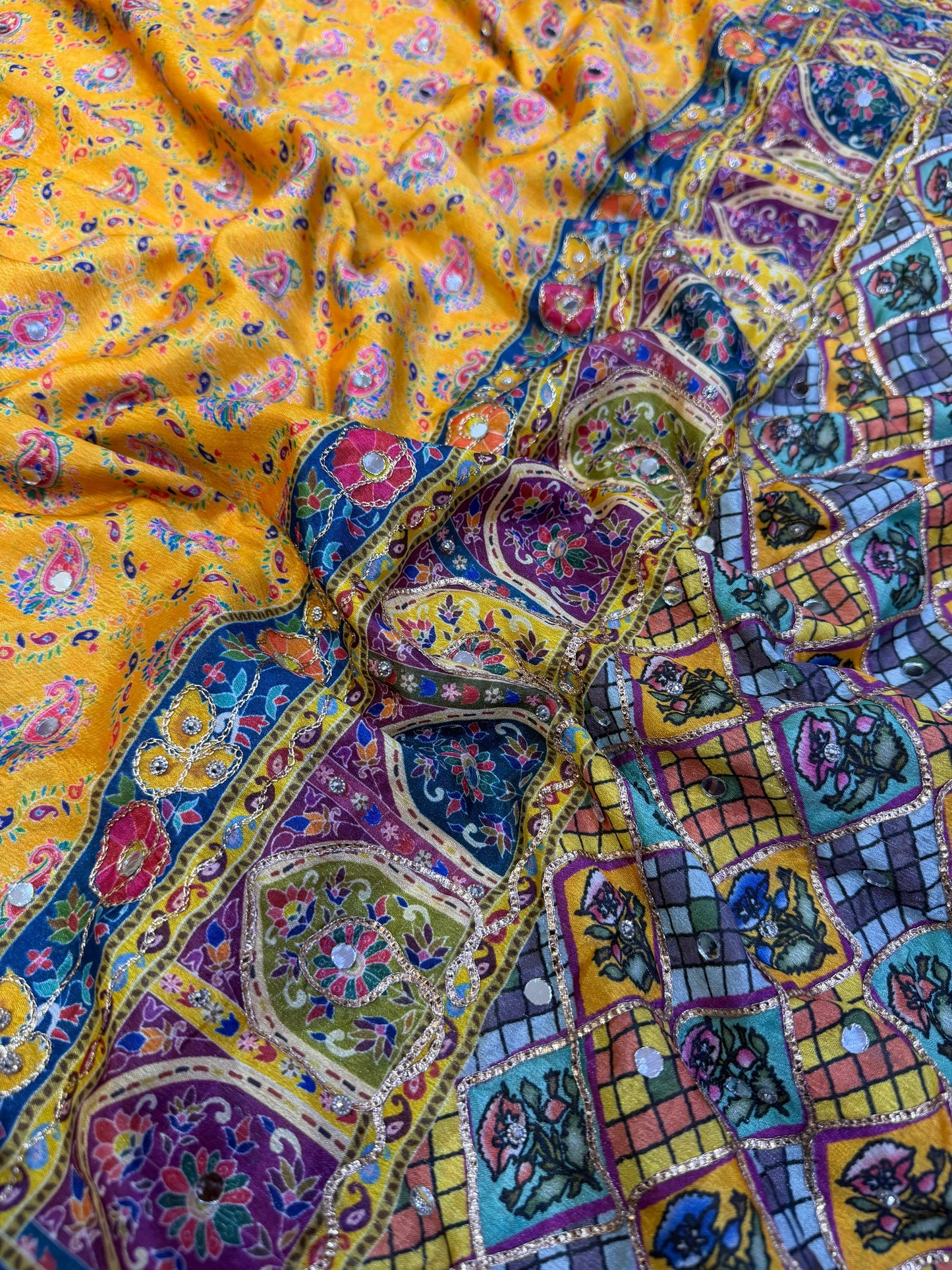Designer Printed Chinon Saree with Diamond Handwork & Stitched Blouse