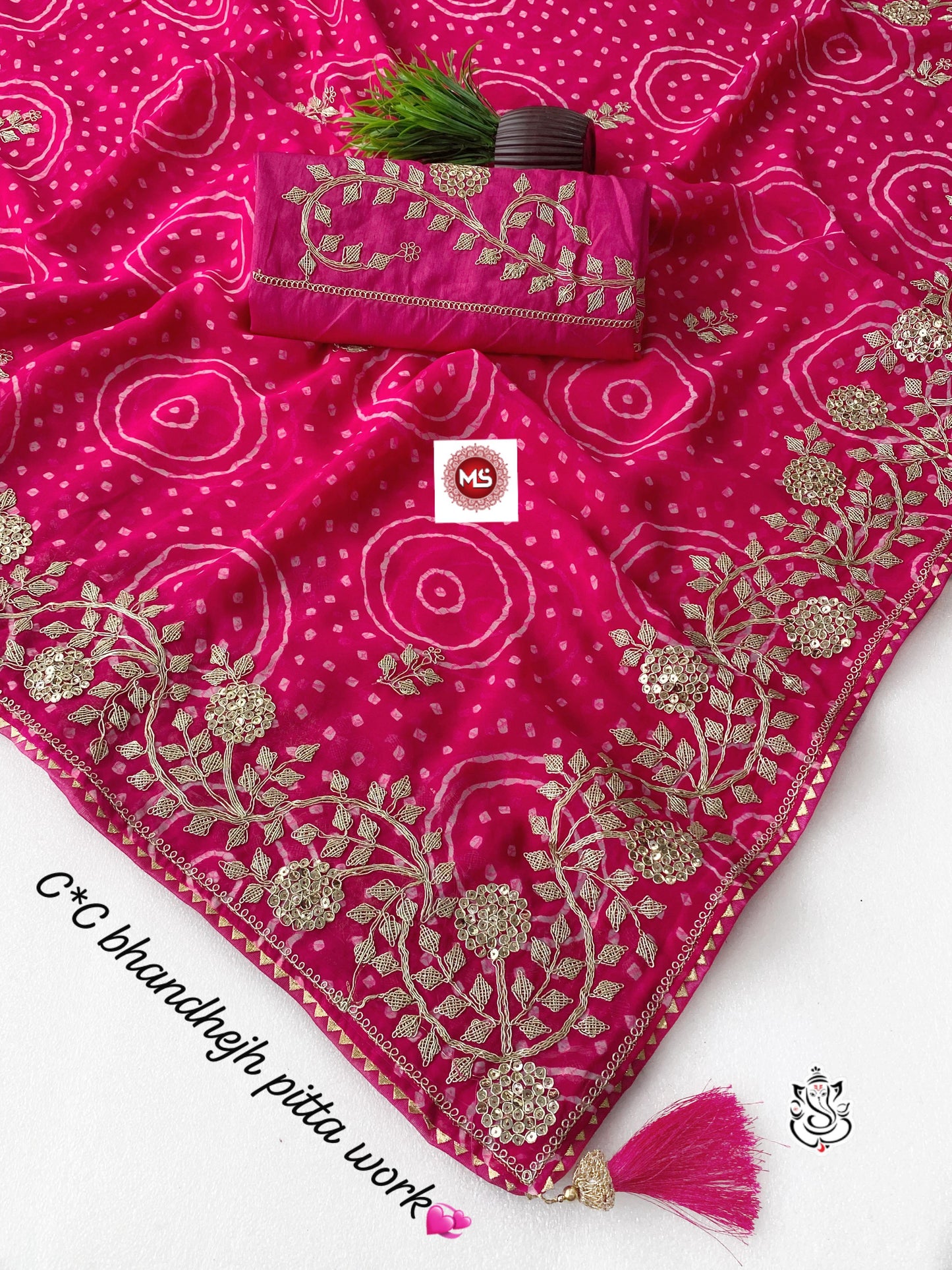 Premium C*C Bandhej Georgette Silk Saree with Original Pita Embroidery
