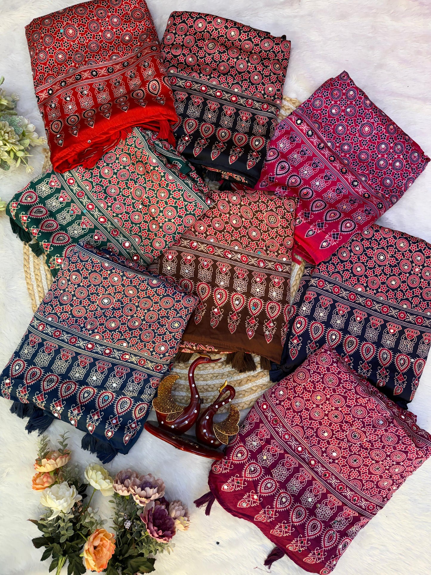 Premium Heavy Japan Satin Saree with Ajrakh Print & Real Mirror Work
