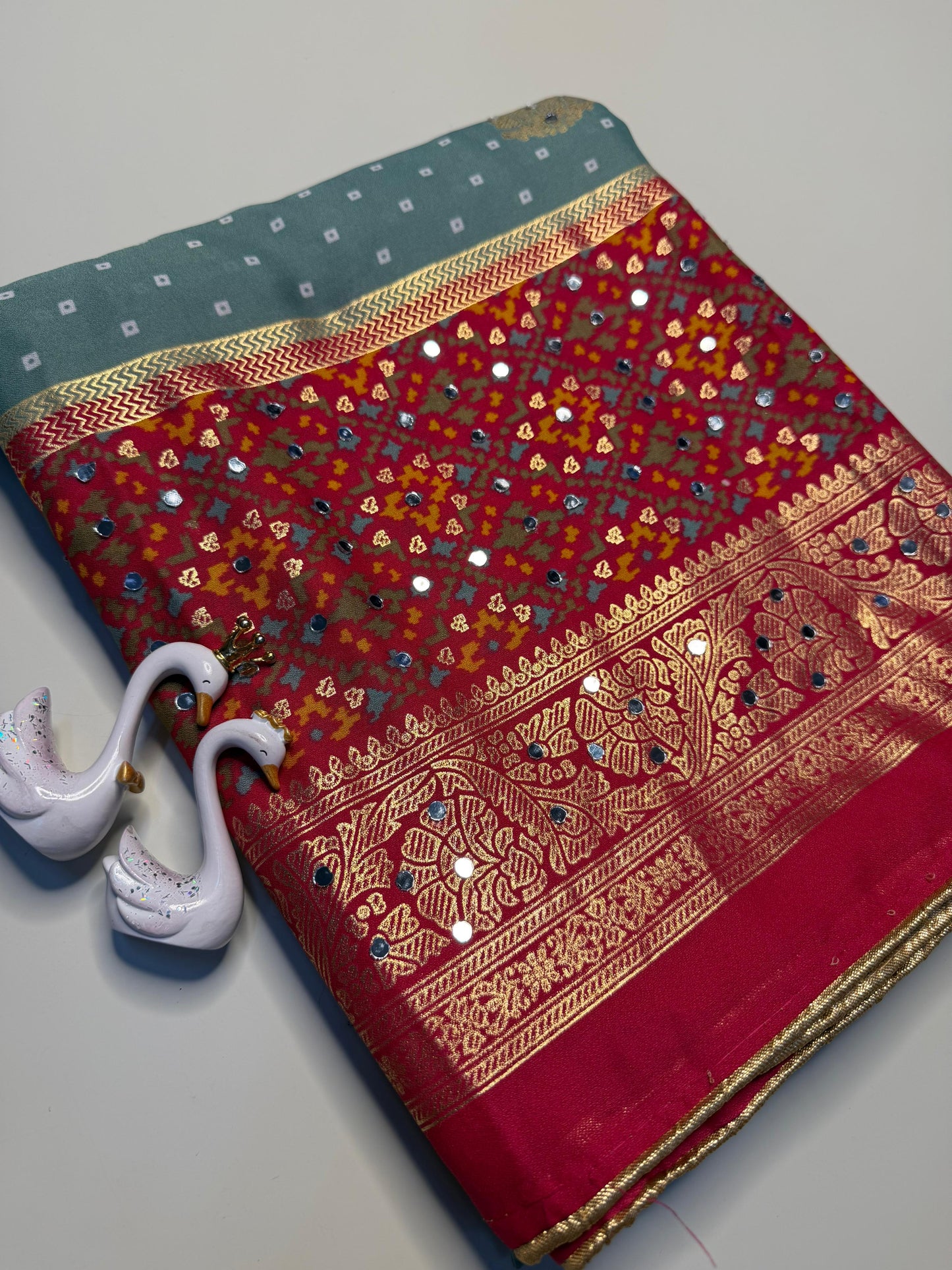 Designer Pure Moss Bandhani Saree with Stylish Jhumka Pallu