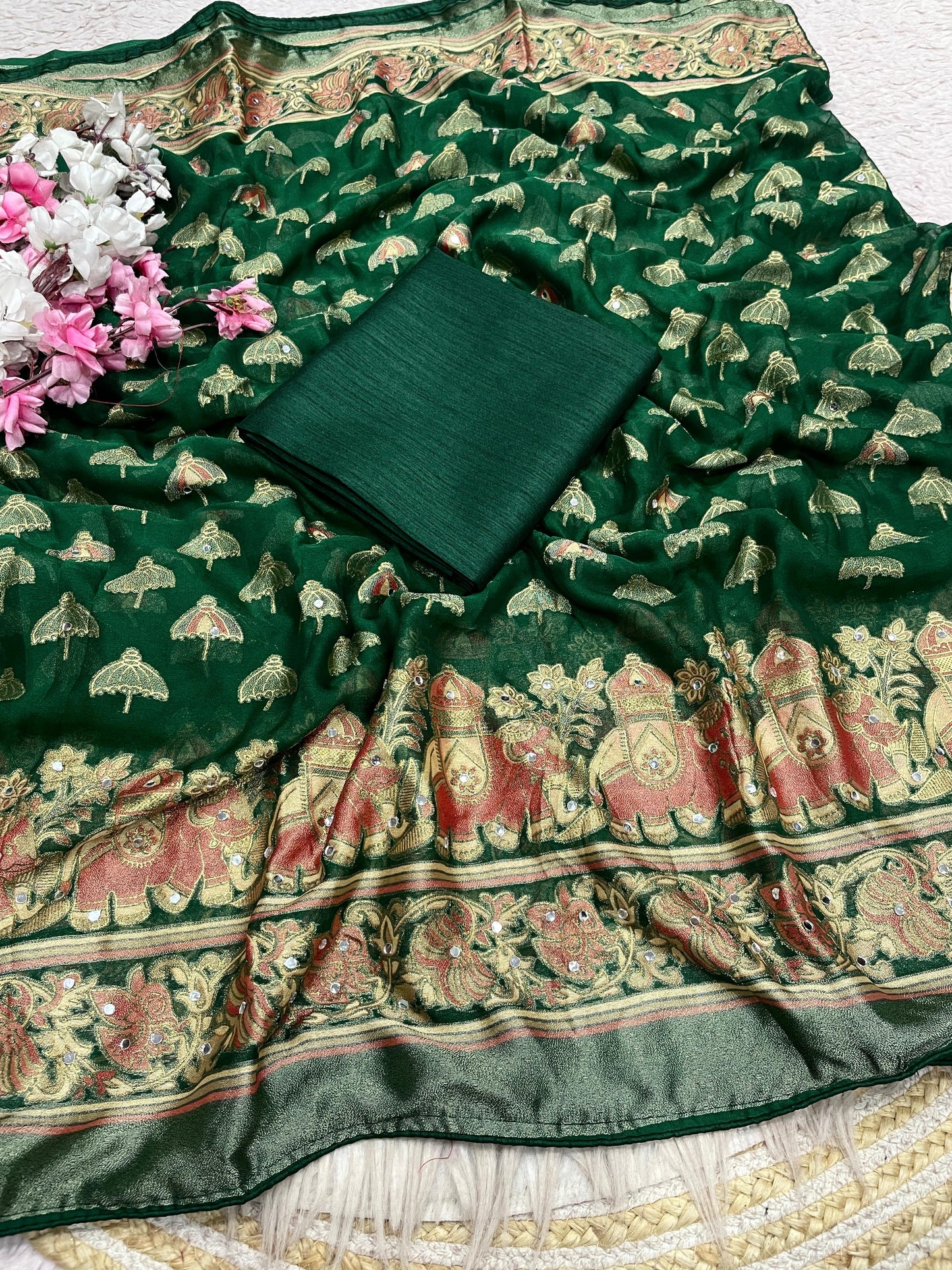 Premium Masmelo Brasso Saree with Original Mirror Work & Piping