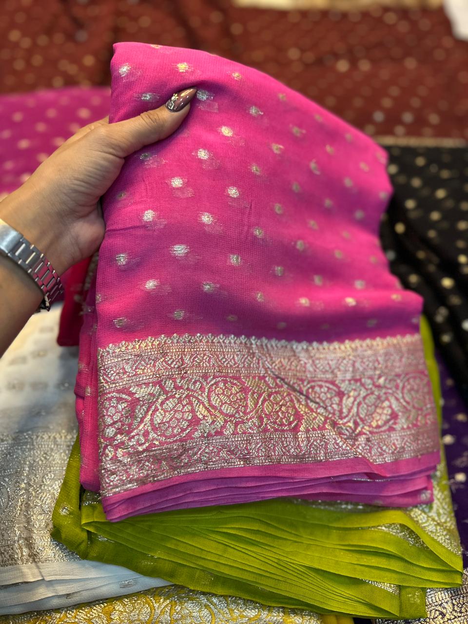 Latest Function wear Viscose Georgette Jacquard Weaving Work Fancy Designer Saree