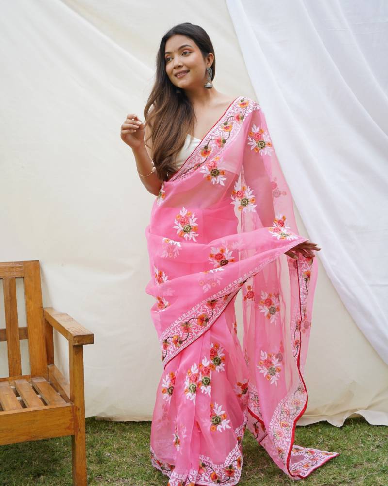 Premium Refined Organza Silk Saree with Viscose Thread Embroidery & Raw Silk Blouse