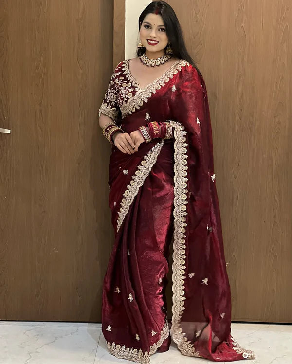 Premium Heavy Fox Blooming Saree With Exquisite Sequins & Cording Embroidery work