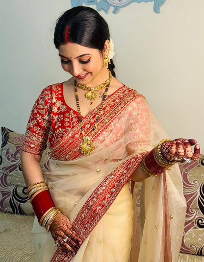 Luxurious Soft Organza Dori Embroidery Work Golden Saree